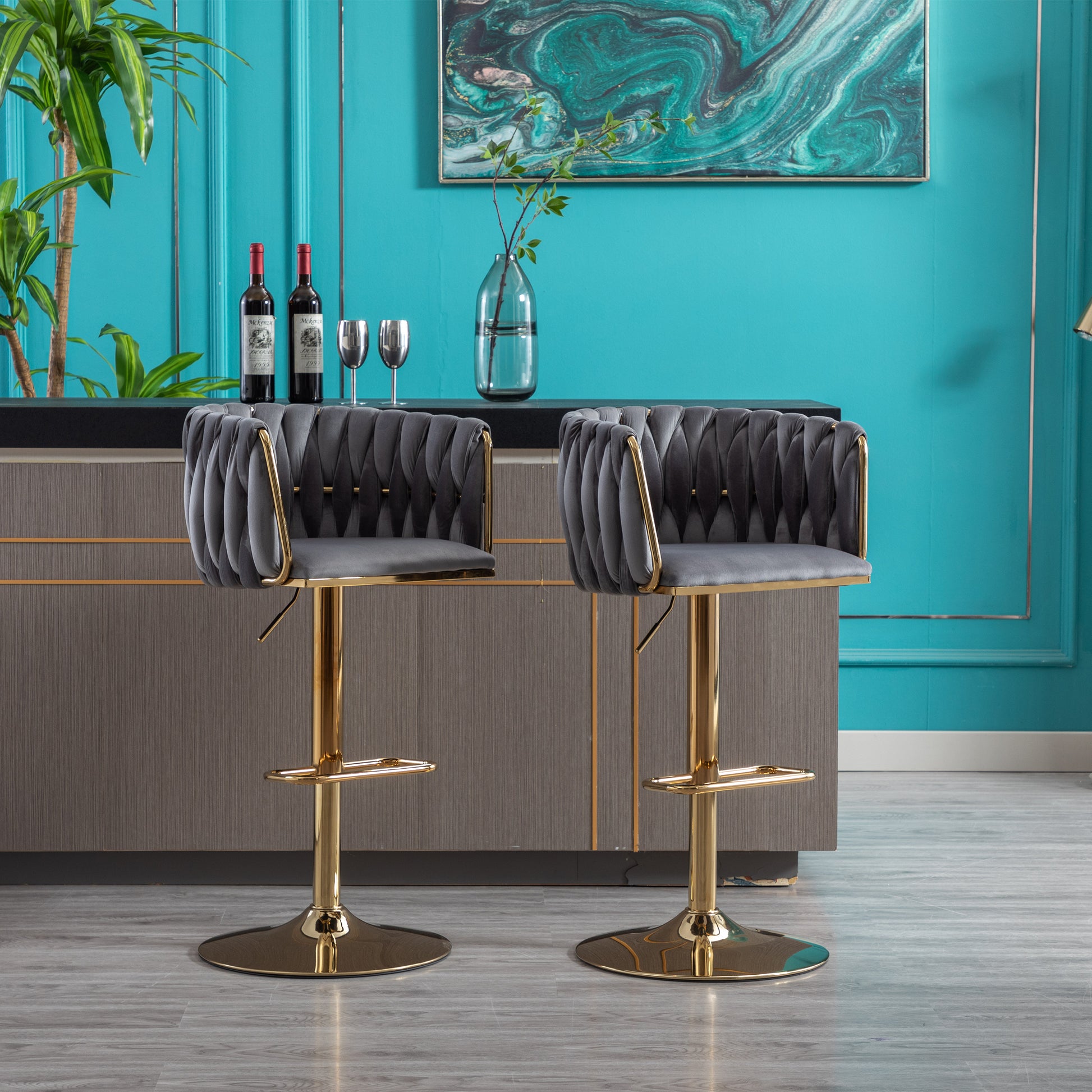 Set Of 2 Bar Stools,With Chrome Footrest And Base Swivel Height Adjustable Mechanical Lifting Velvet Golden Leg Simple Bar Stool Grey Grey Foam Fabric
