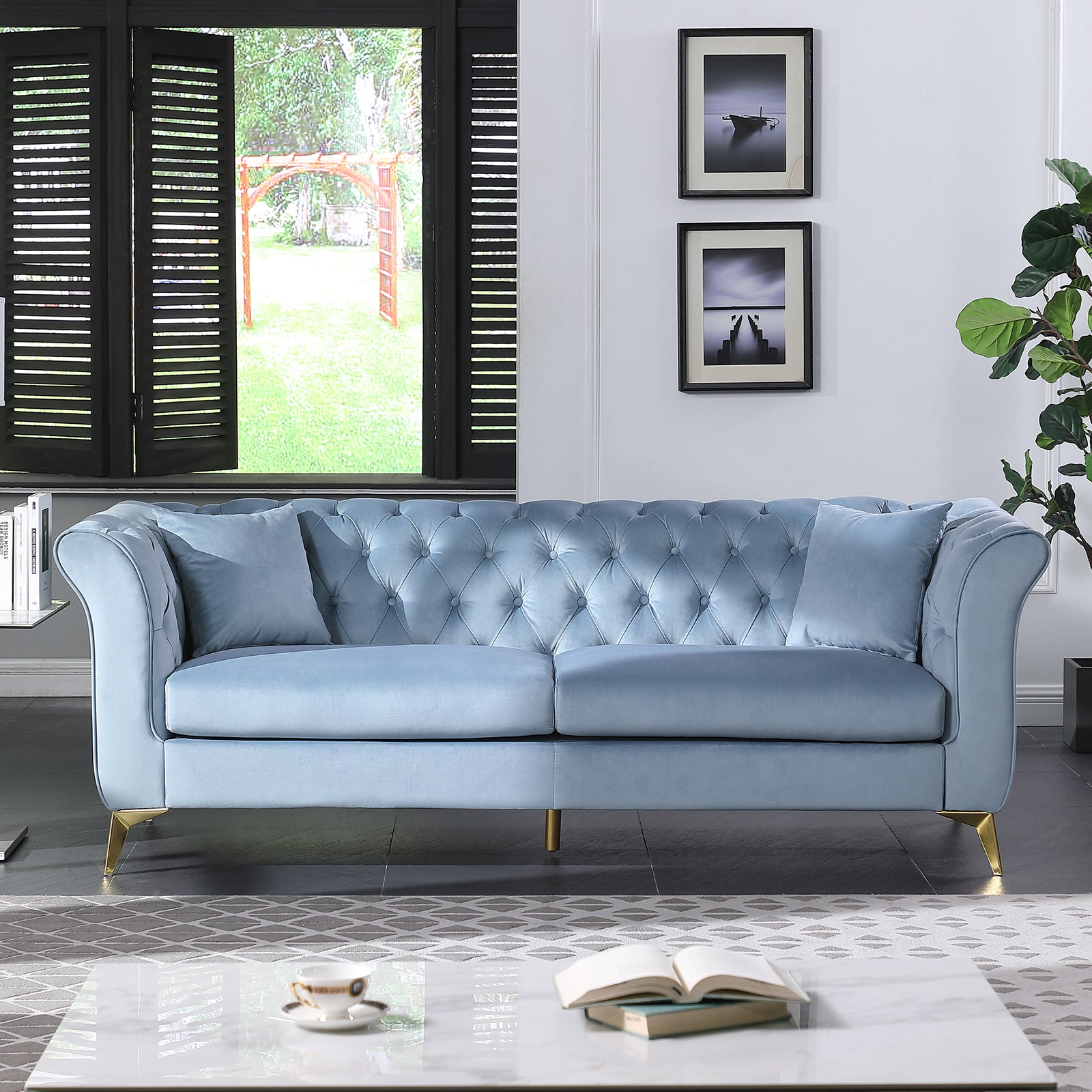Chesterfield Sofa ,Stanford Sofahigh Quality Chesterfield Sofa ,Teal Bluetufted And Wrinkled Fabric Sofa Contemporary Stanford Sofa .Rseater Tufted Sofa With Scroll Arm And Scroll Back Teal Blue Velvet