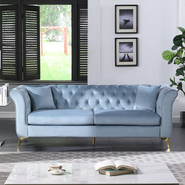 Chesterfield Sofa ,Stanford Sofahigh Quality Chesterfield Sofa ,Teal Bluetufted And Wrinkled Fabric Sofa Contemporary Stanford Sofa .Rseater Tufted Sofa With Scroll Arm And Scroll Back Teal Blue Velvet