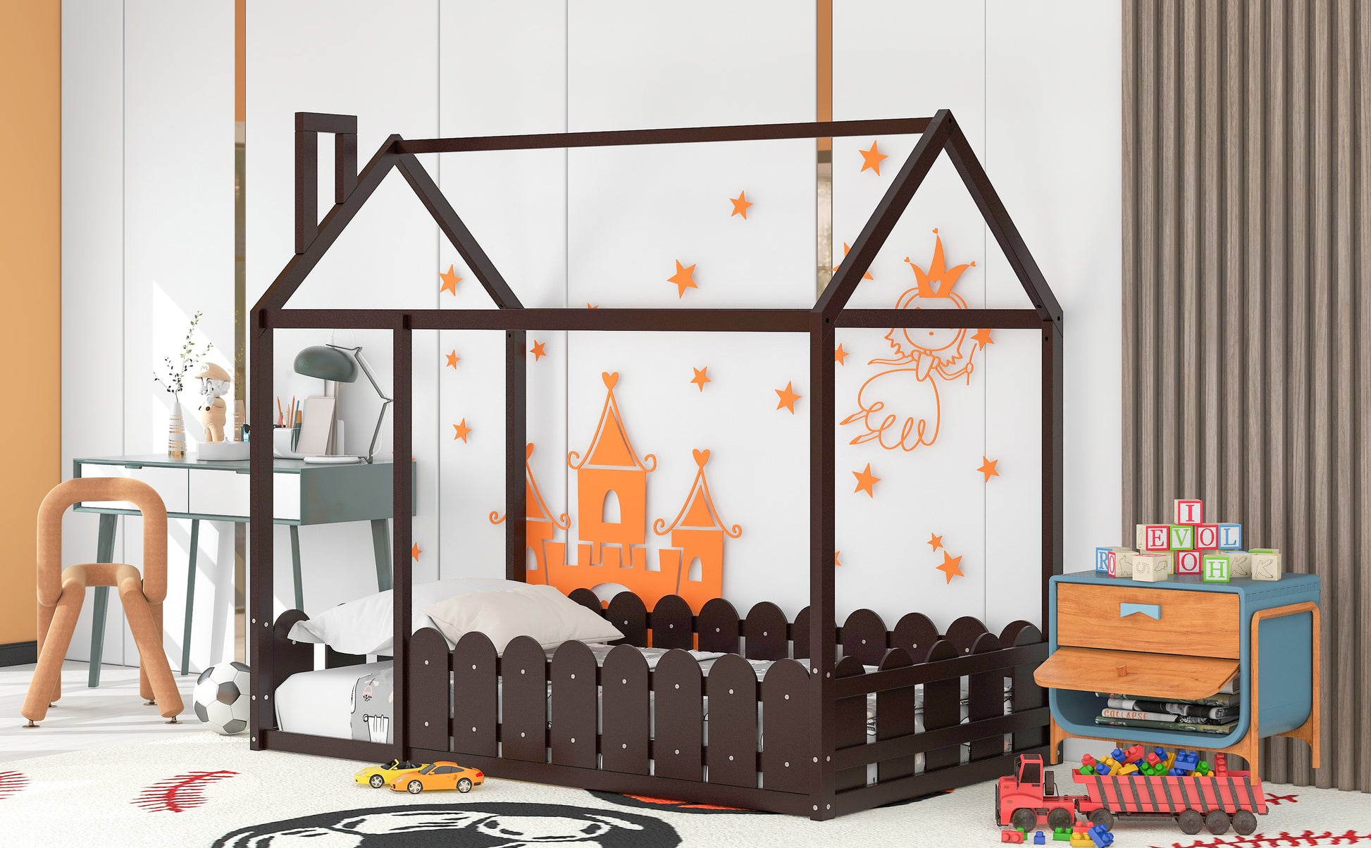 Slats Are Not Included Twin Size Wood Bed House Bed Frame With Fence,For Kids,Teens, Girls,Boys Espresso Old Sku:Wf194274Aap Espresso Solid Wood