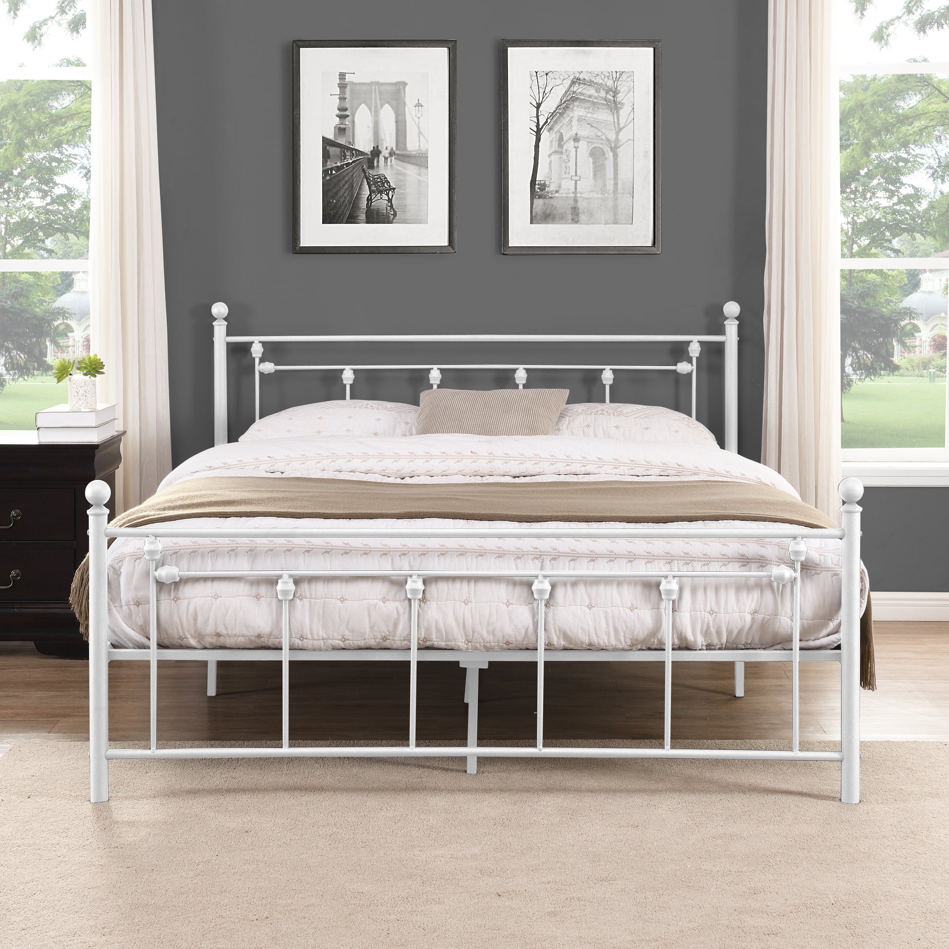 Queen Size Metal Bed Frame With Headboard And Footboard White White Metal