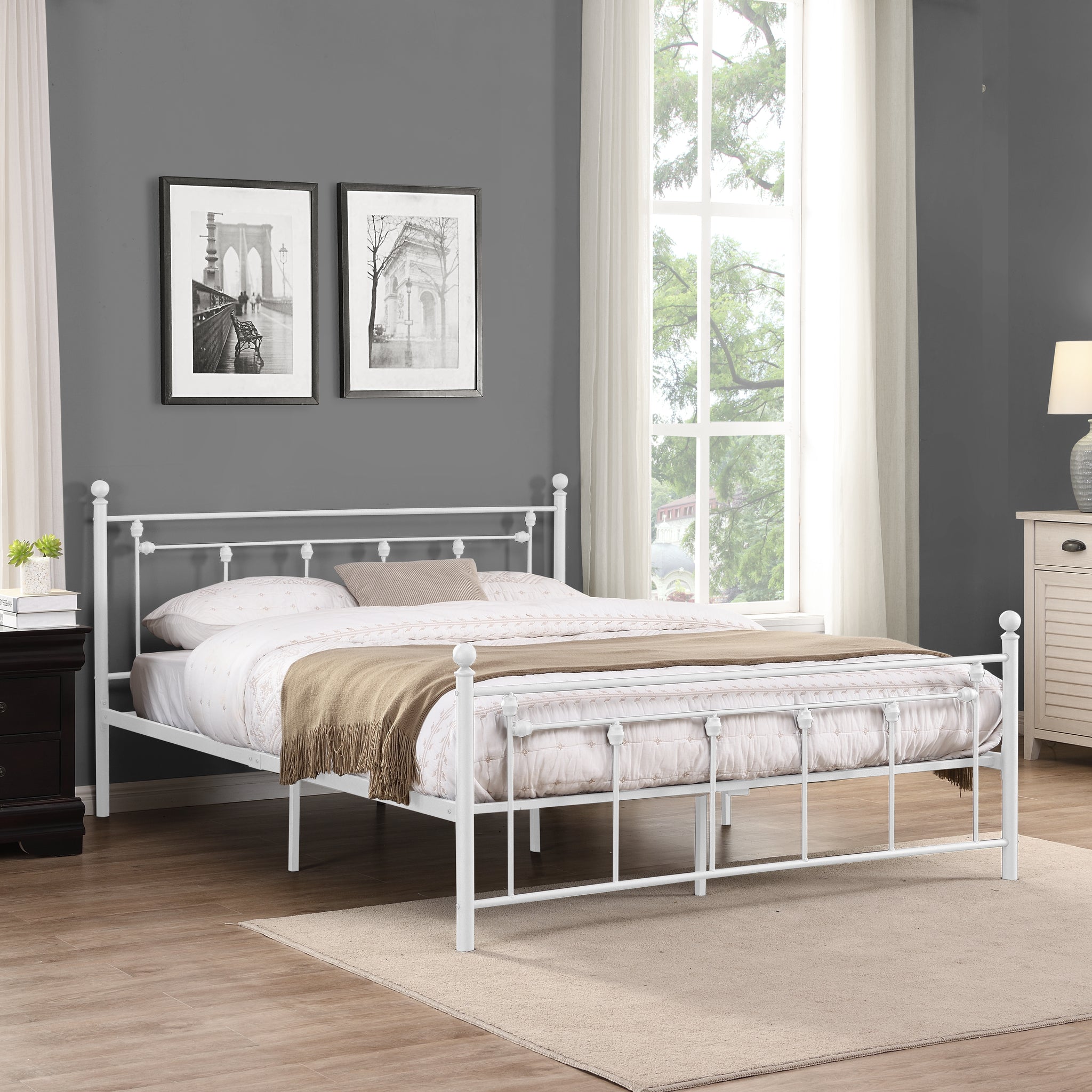 Queen Size Metal Bed Frame With Headboard And Footboard White White Metal