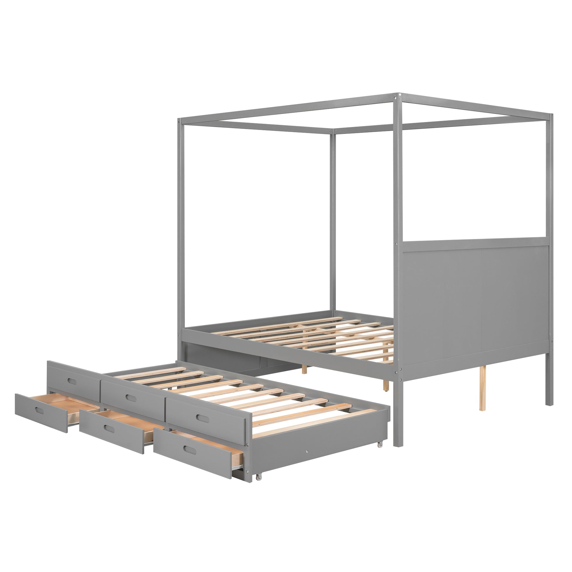 Queen Size Canopy Platform Bed With Twin Size Trundle And Three Storage Drawers,Gray Gray Pine