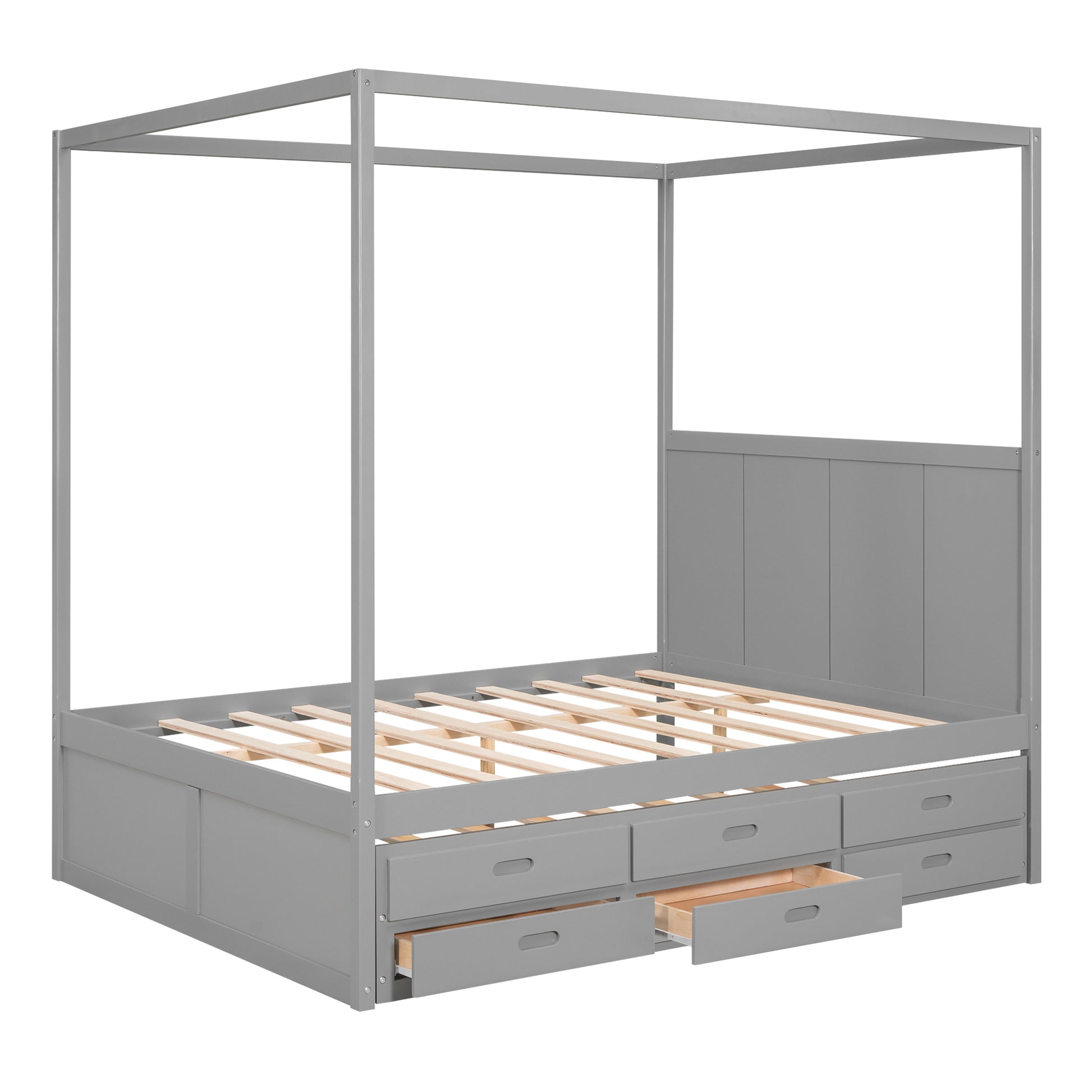 Queen Size Canopy Platform Bed With Twin Size Trundle And Three Storage Drawers,Gray Gray Pine
