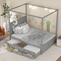 Queen Size Canopy Platform Bed With Twin Size Trundle And Three Storage Drawers,Gray Gray Pine