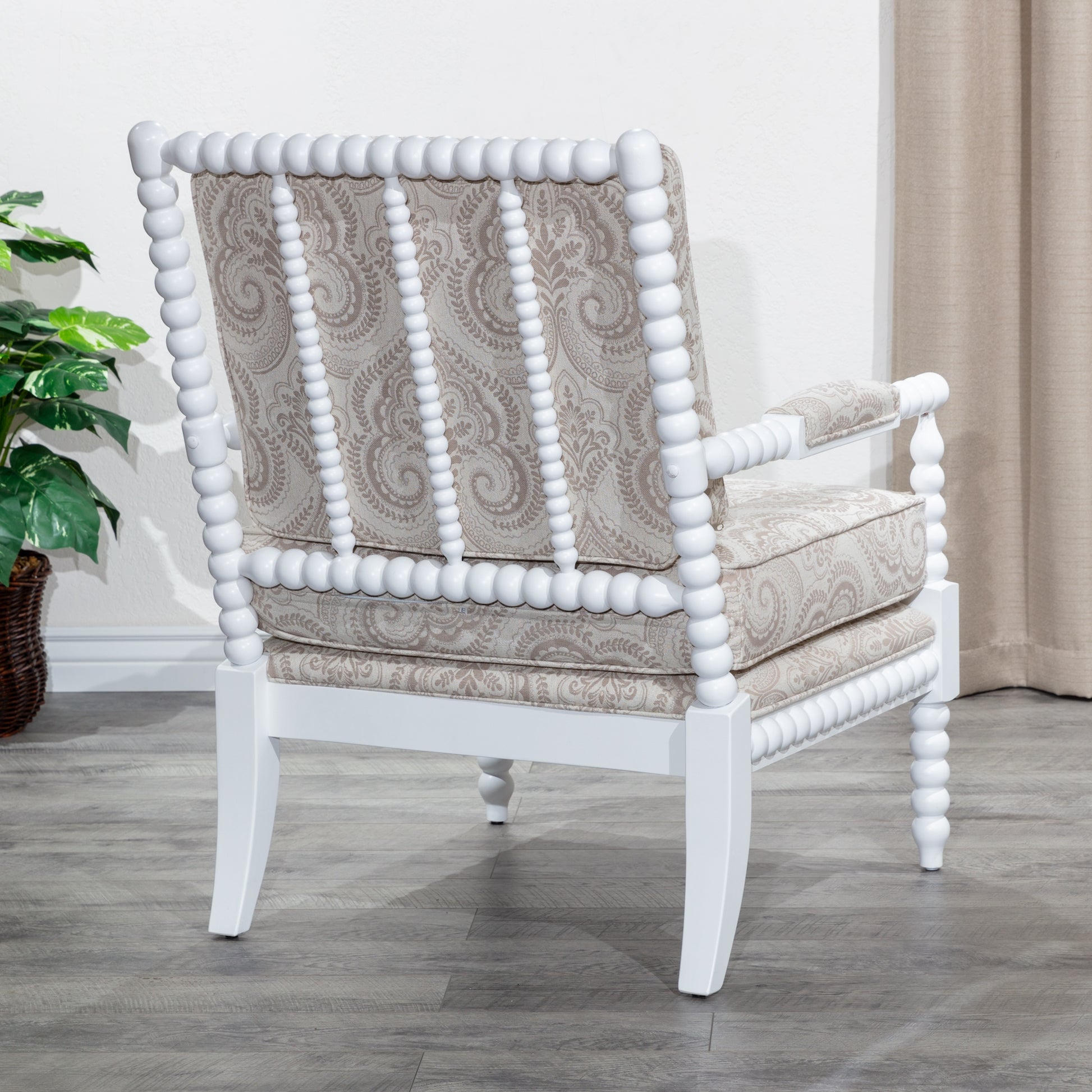 Spindle Chair, White Finish, Taupe Paisley Fabric White Fabric