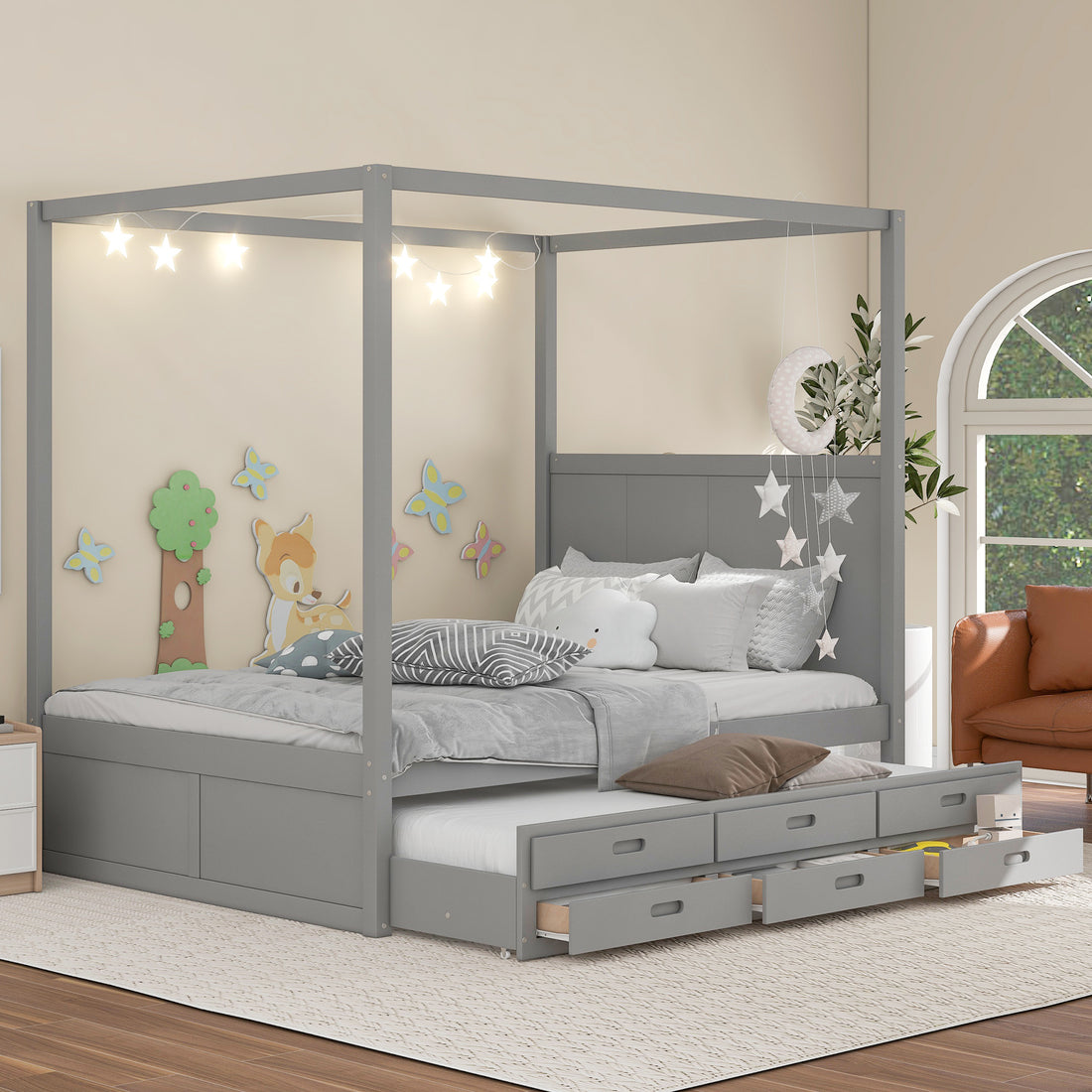 Queen Size Canopy Platform Bed With Twin Size Trundle And Three Storage Drawers,Gray Gray Pine