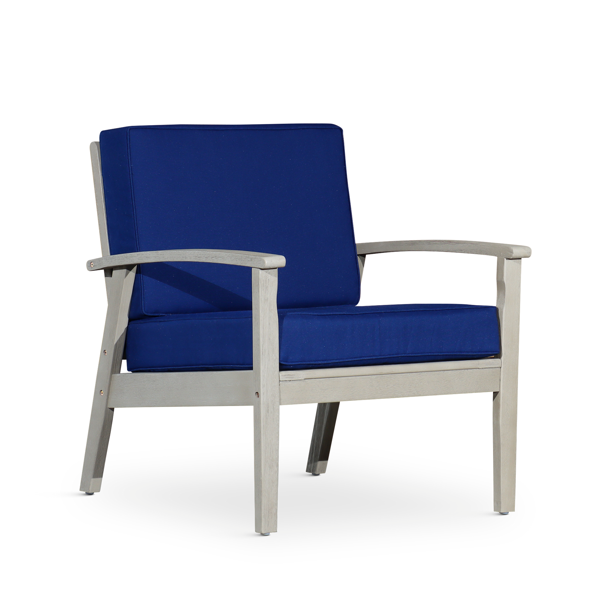 Deep Seat Eucalyptus Chair, Driftwood Gray Finish, Navy Cushions Gray Eucalyptus