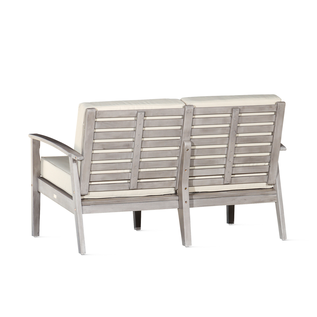 Eucalyptus Loveseat With Cushions, Silver Gray Finish, Burdy Cushions Silver Grey Eucalyptus