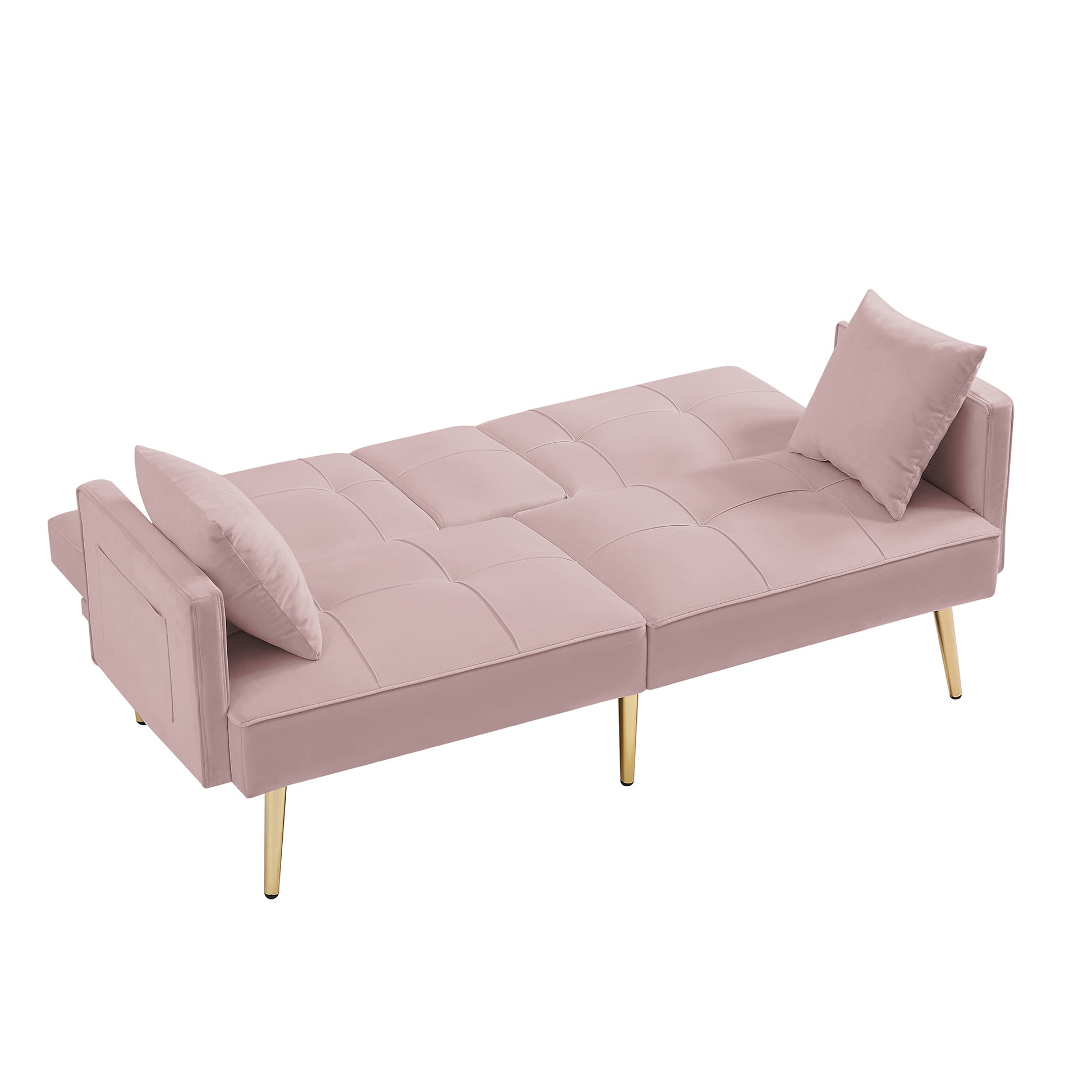 Pink Velvet Futon Sofa Bed With Gold Metal Legs Pink Velvet Wood Tufted Back Eucalyptus Square Arms Foam Velvet 2 Seat