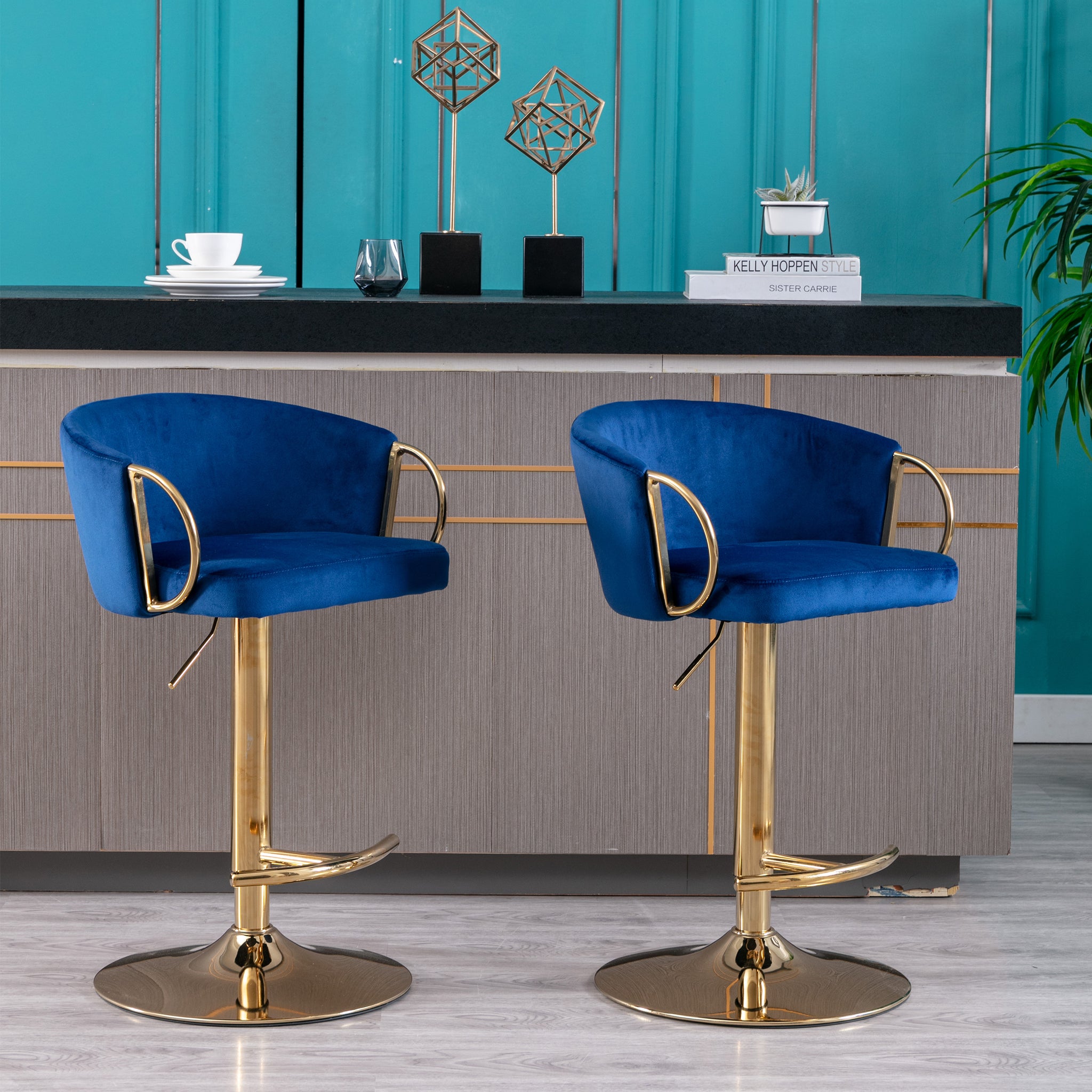 Set Of 2 Bar Stools,With Chrome Footrest And Base Swivel Height Adjustable Mechanical Lifting Velvet Golden Leg Simple Bar Stool Navy Navy Foam Fabric
