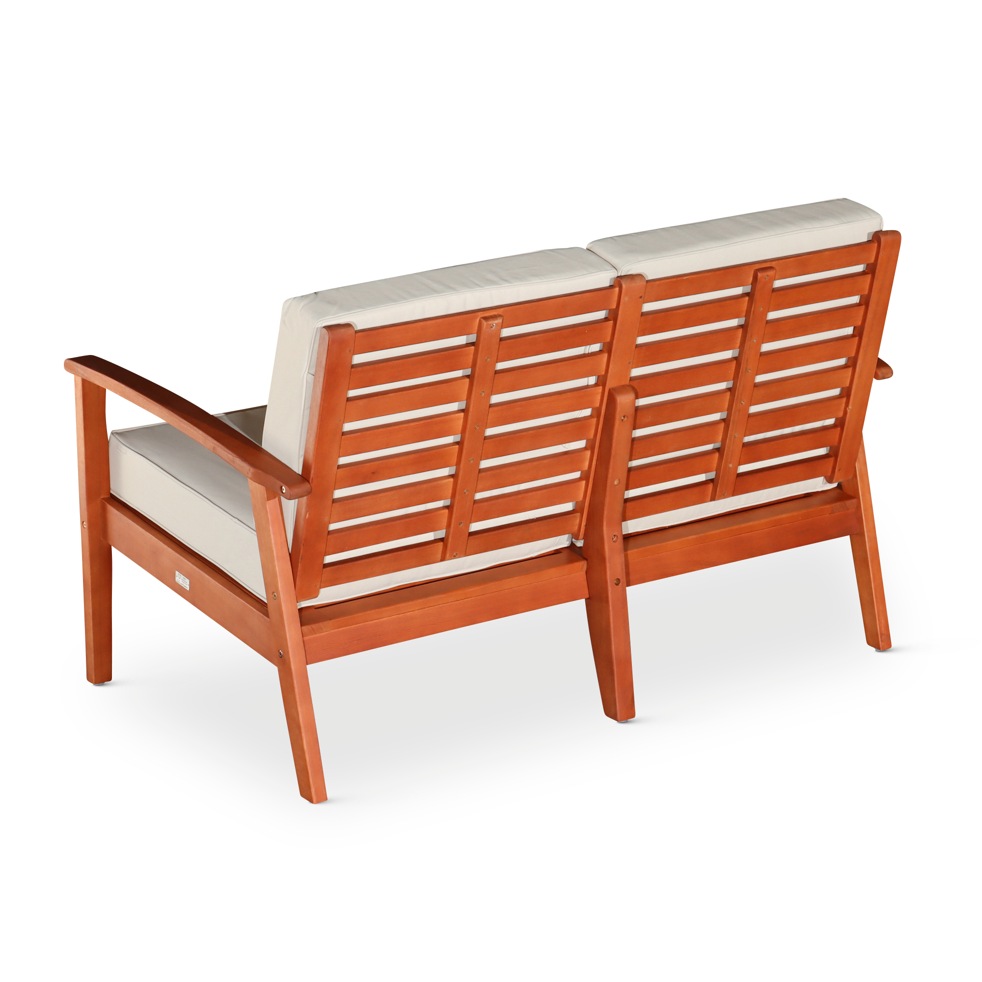 Eucalyptus Loveseat With Cushions, Natural Oil Finish, Navy Cushions Natural Eucalyptus