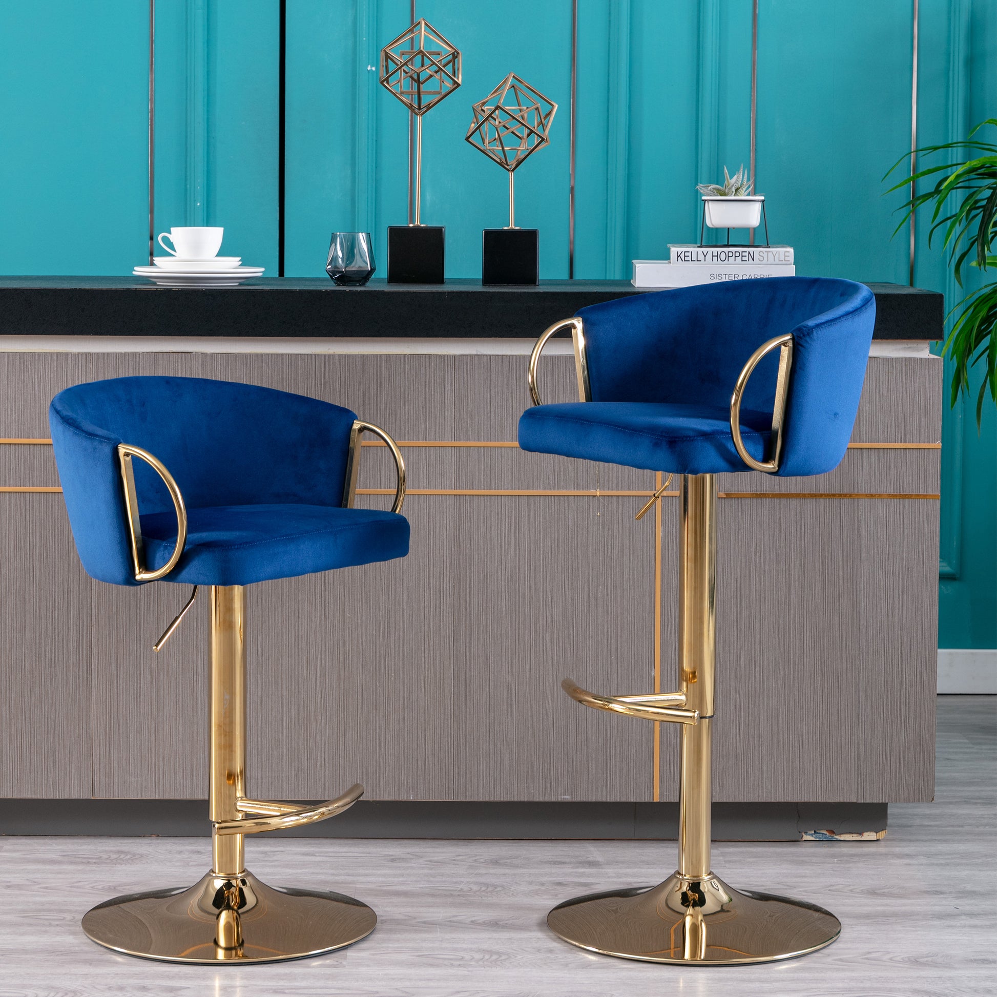 Set Of 2 Bar Stools,With Chrome Footrest And Base Swivel Height Adjustable Mechanical Lifting Velvet Golden Leg Simple Bar Stool Navy Navy Foam Fabric