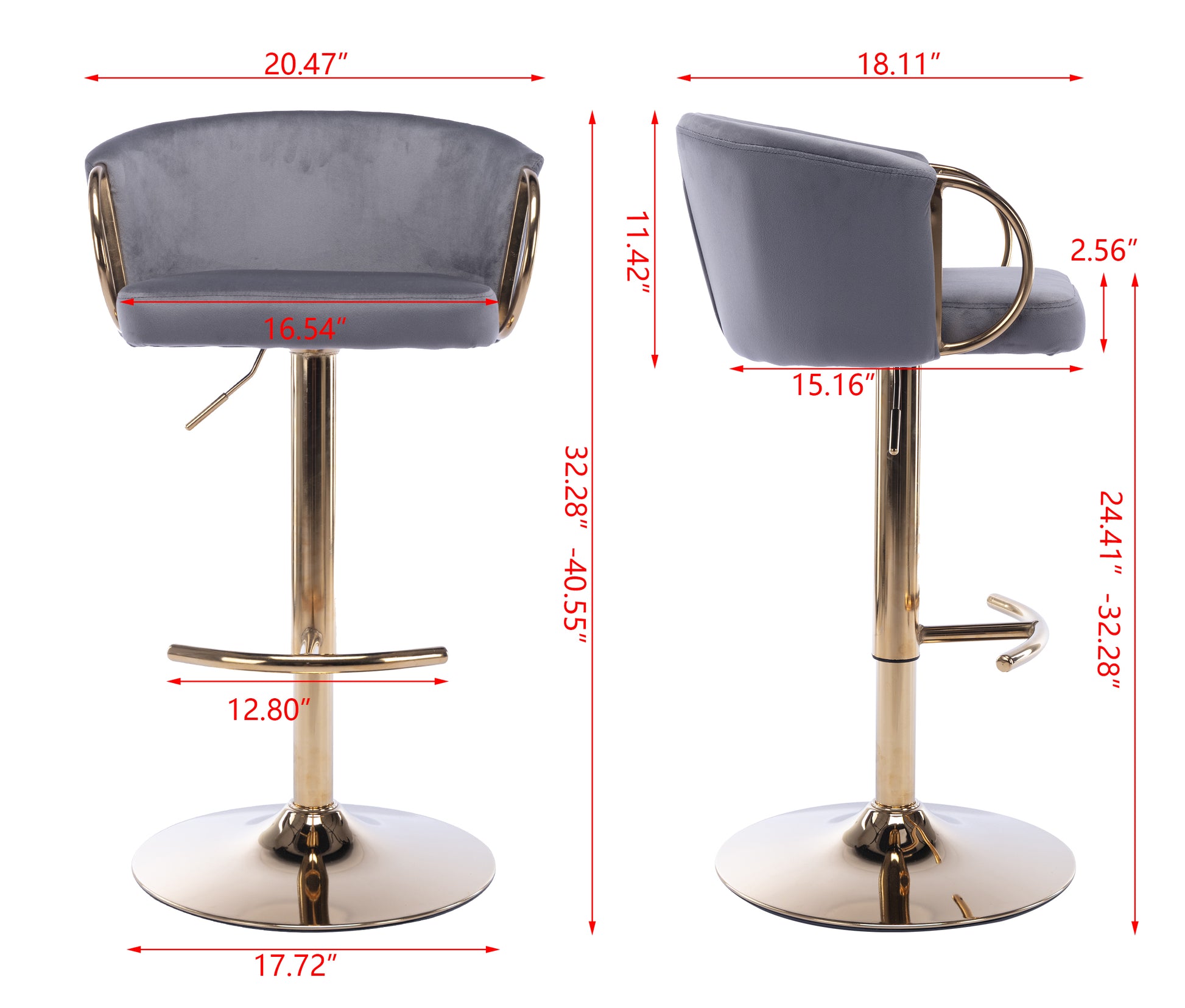 Set Of 2 Bar Stools,With Chrome Footrest And Base Swivel Height Adjustable Mechanical Lifting Velvet Golden Leg Simple Bar Stool Grey Grey Foam Fabric