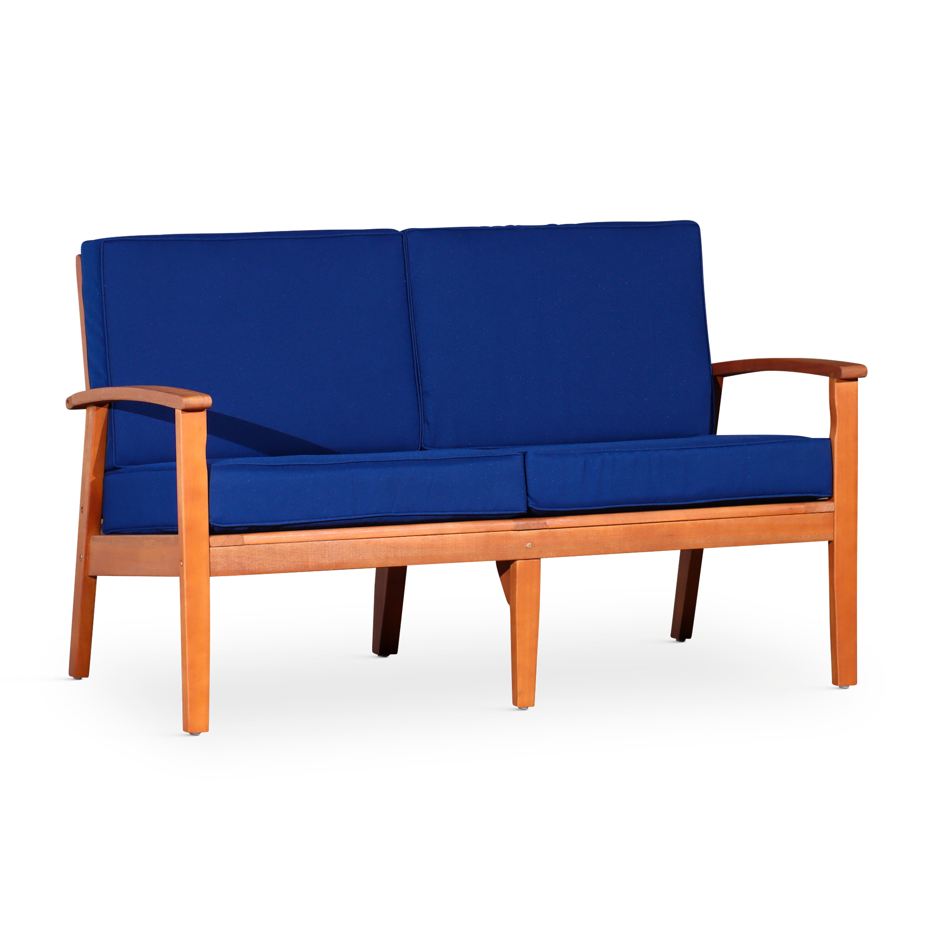Eucalyptus Loveseat With Cushions, Natural Oil Finish, Navy Cushions Natural Eucalyptus