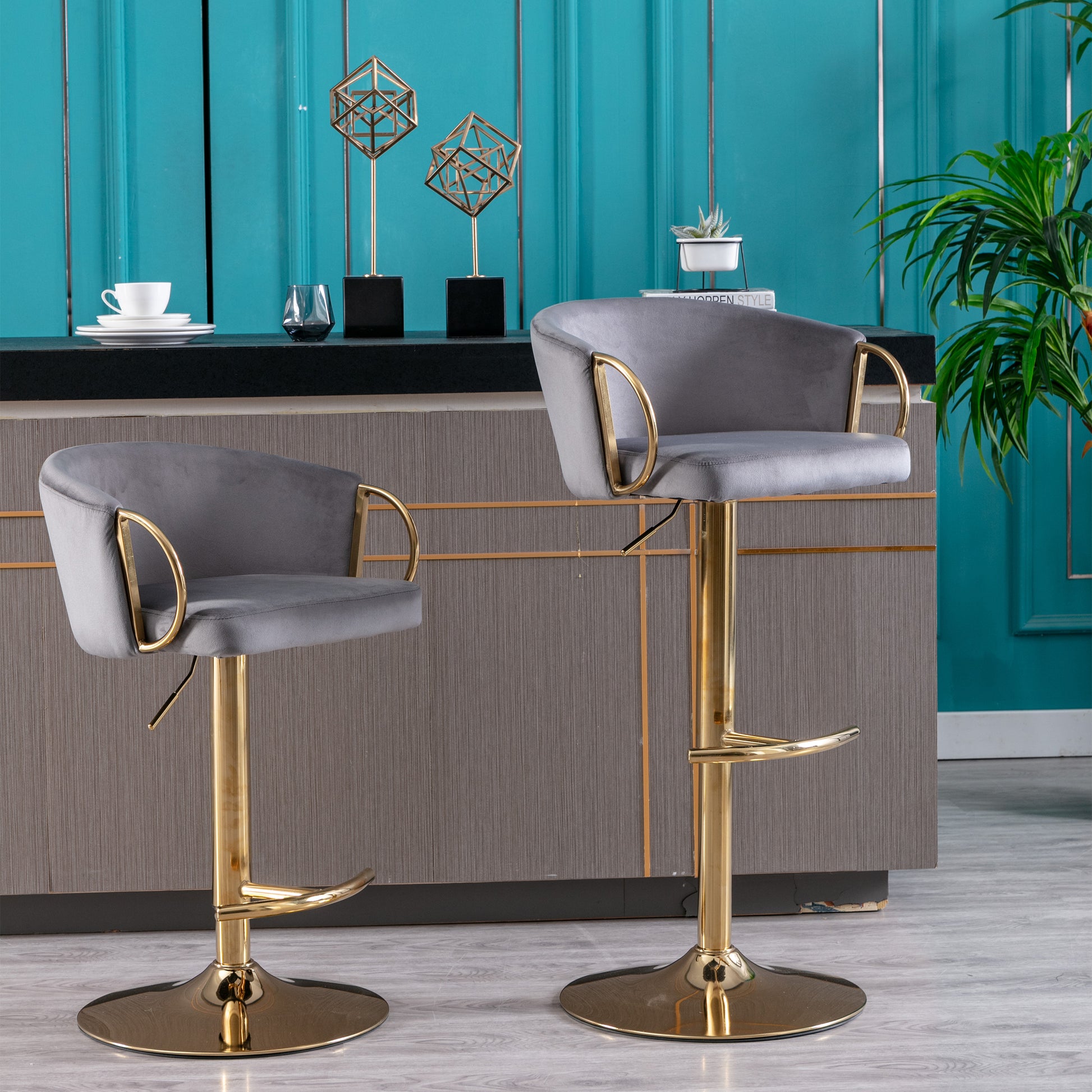 Set Of 2 Bar Stools,With Chrome Footrest And Base Swivel Height Adjustable Mechanical Lifting Velvet Golden Leg Simple Bar Stool Grey Grey Foam Fabric