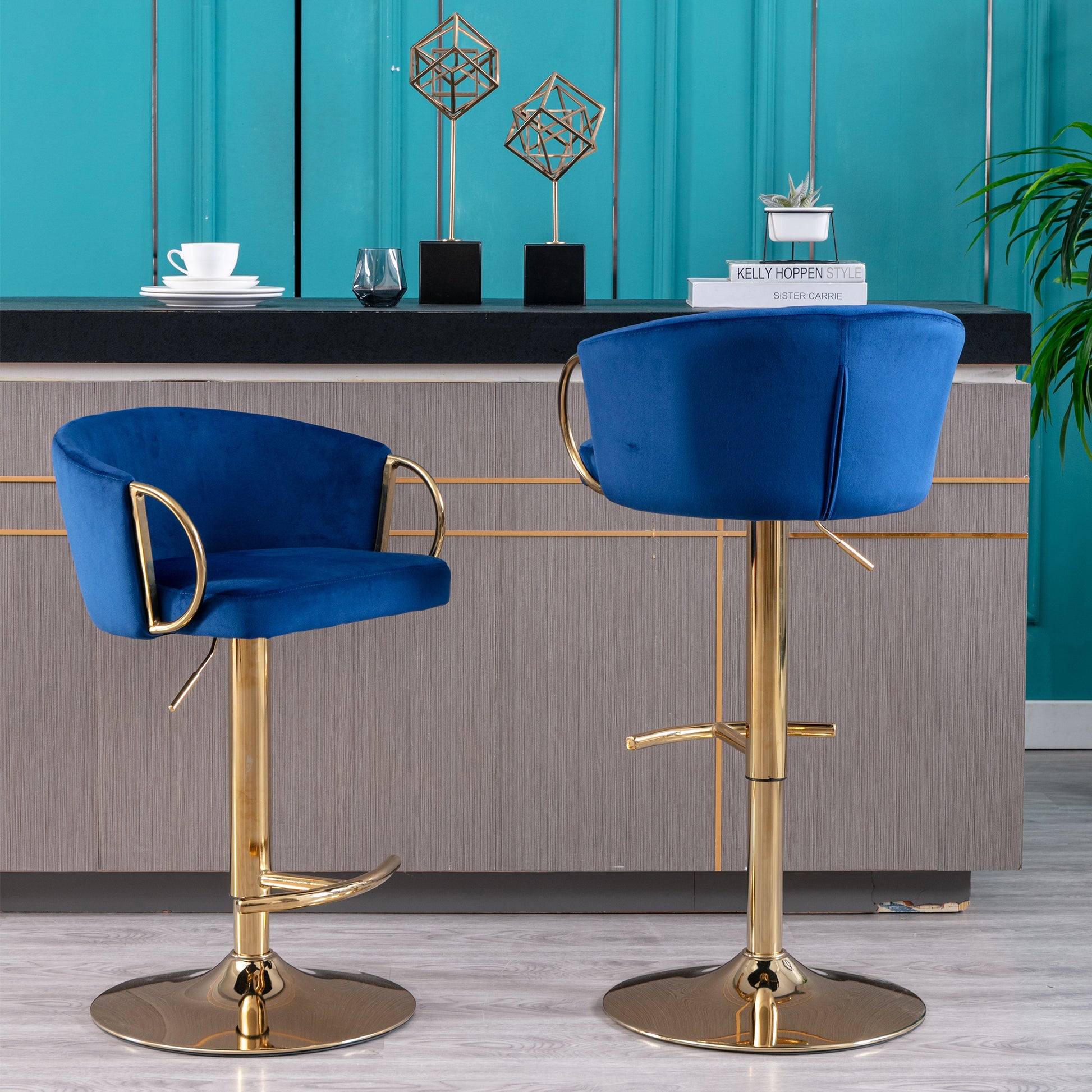 Set Of 2 Bar Stools,With Chrome Footrest And Base Swivel Height Adjustable Mechanical Lifting Velvet Golden Leg Simple Bar Stool Navy Navy Foam Fabric