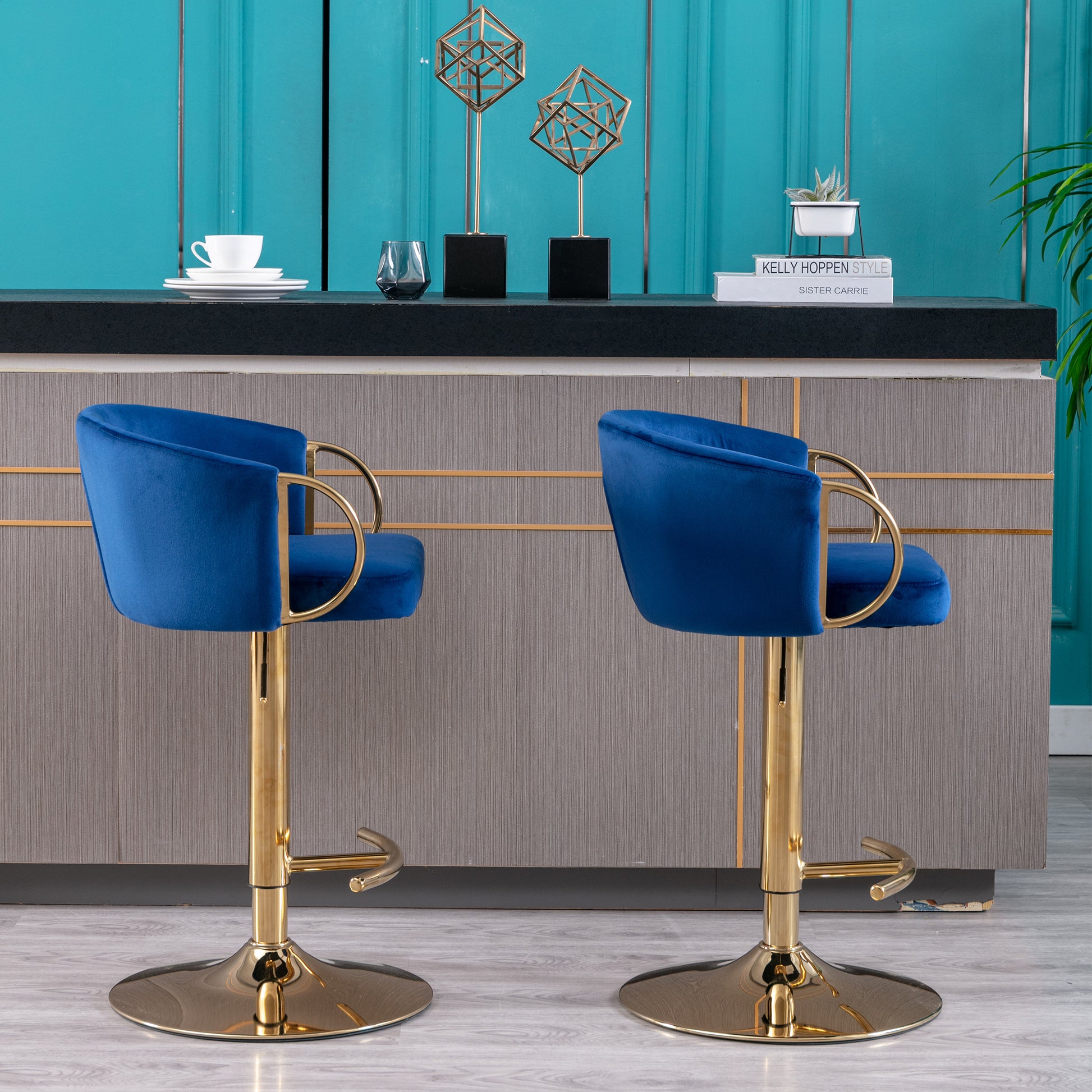Set Of 2 Bar Stools,With Chrome Footrest And Base Swivel Height Adjustable Mechanical Lifting Velvet Golden Leg Simple Bar Stool Navy Navy Foam Fabric