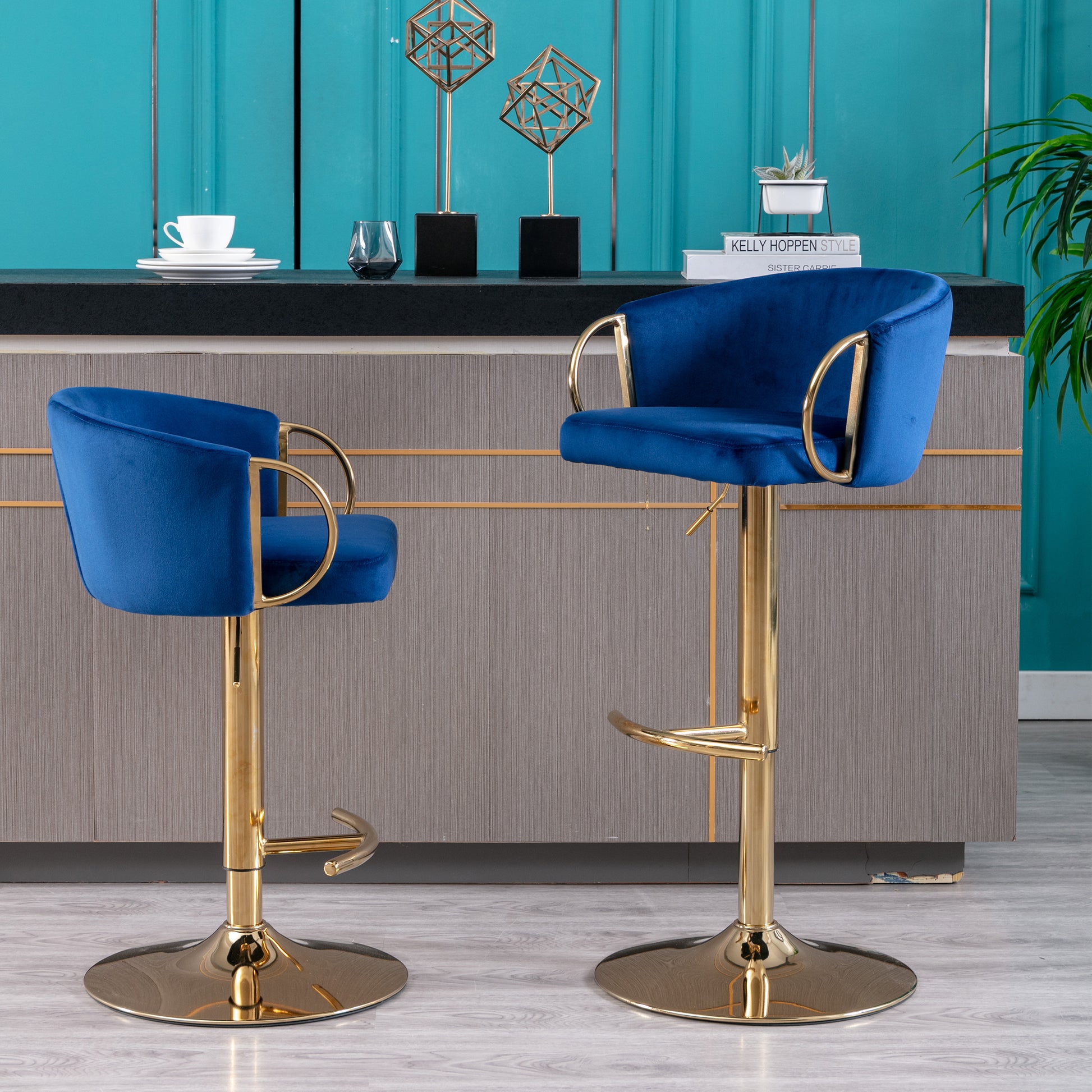 Set Of 2 Bar Stools,With Chrome Footrest And Base Swivel Height Adjustable Mechanical Lifting Velvet Golden Leg Simple Bar Stool Navy Navy Foam Fabric