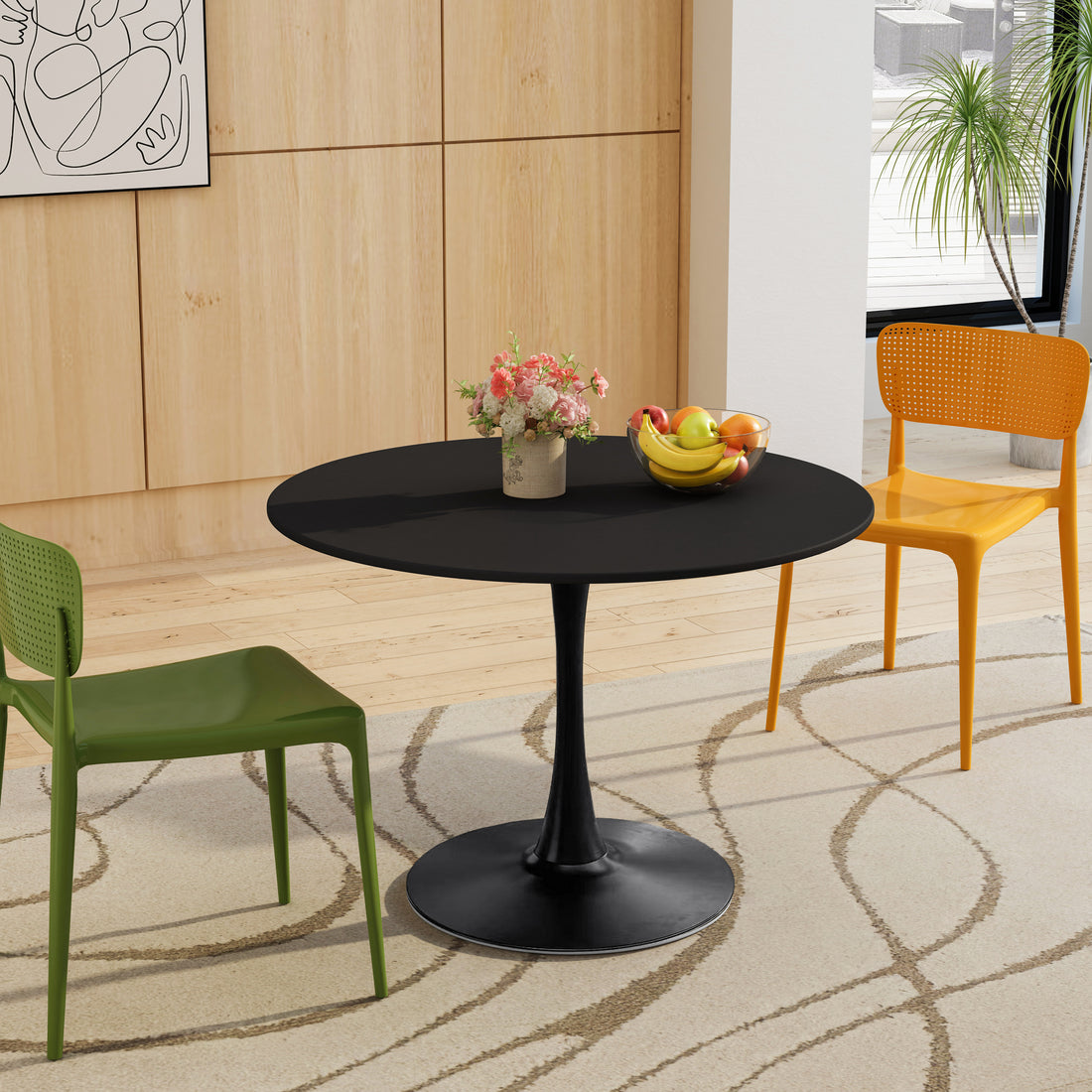 42.12"Modern Round Dining Table With Round Mdf Table Top,Metal Base Dining Table, End Table Leisure Coffee Table Black Mdf