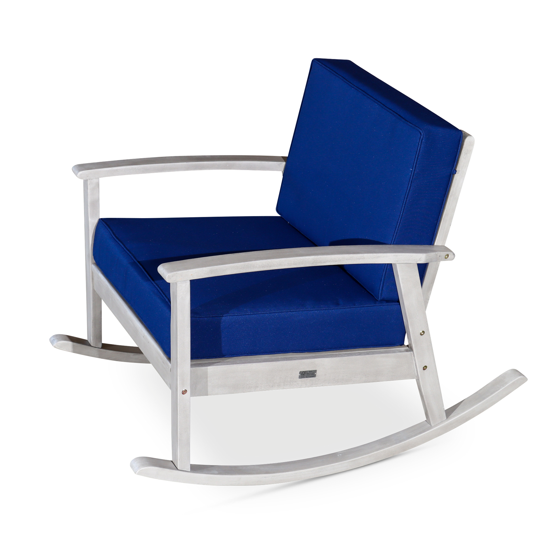 Eucalyptus Rocking Chair With Cushions, Silver Gray Finish, Navy Cushions Silver Grey Eucalyptus