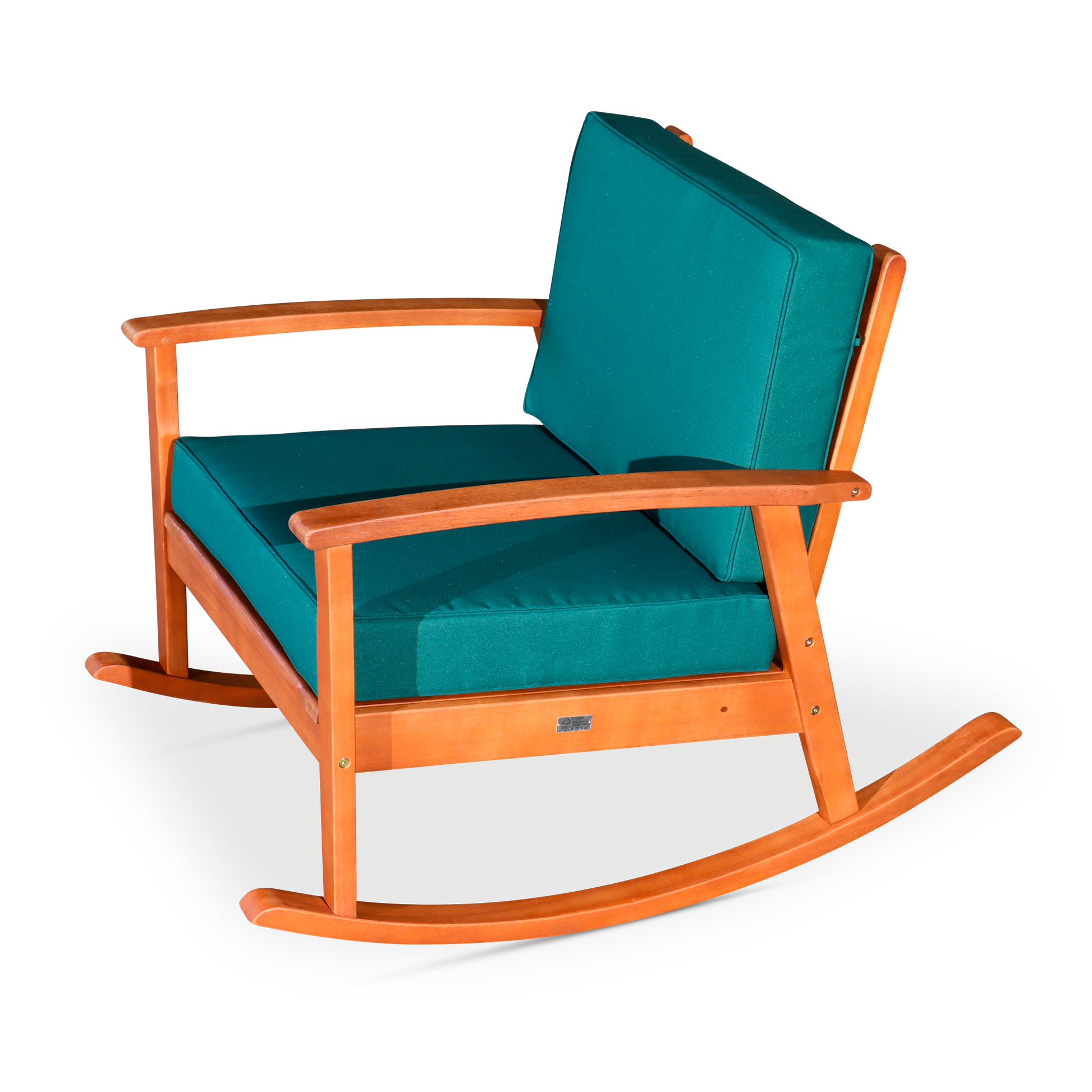 Eucalyptus Rocking Chair With Cushions, Natural Oil Finish, Dark Green Cushions Natural Eucalyptus