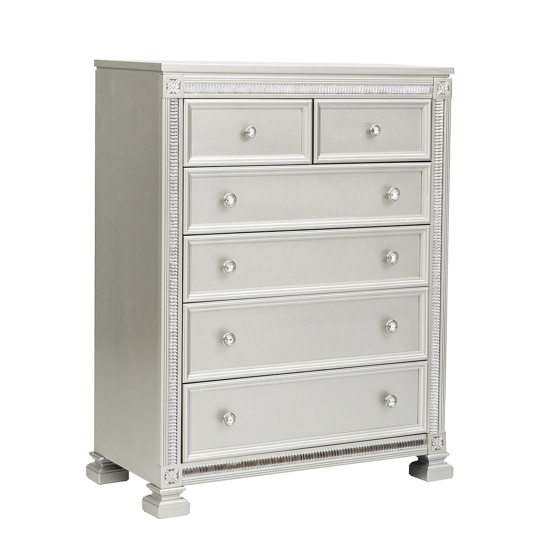 Glamorous Modern Design 1Pc Chest Of 6X Storage Drawers Faux Crystals Knobs Silver Finish Bedroom Furniture Silver Bedroom Glam,Modern Wood