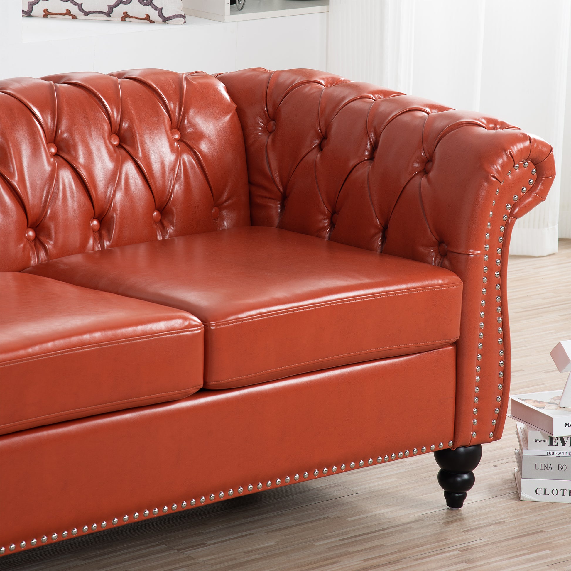 84.65" Rolled Arm Chesterfield 3 Seater Sofa Orange Pu
