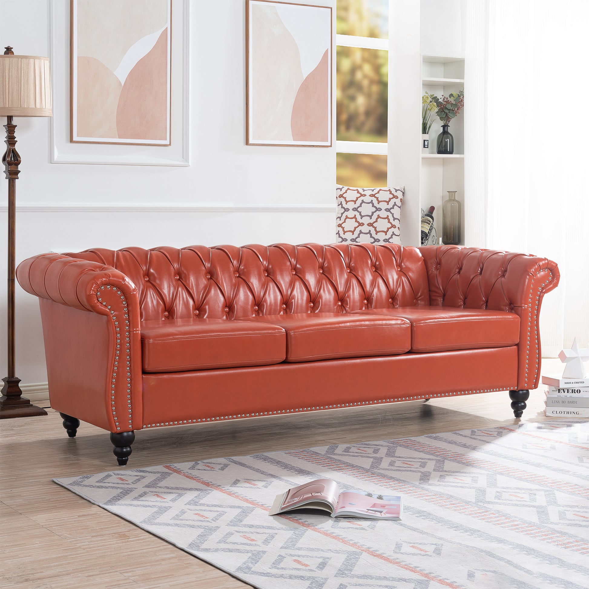 84.65" Rolled Arm Chesterfield 3 Seater Sofa Orange Pu