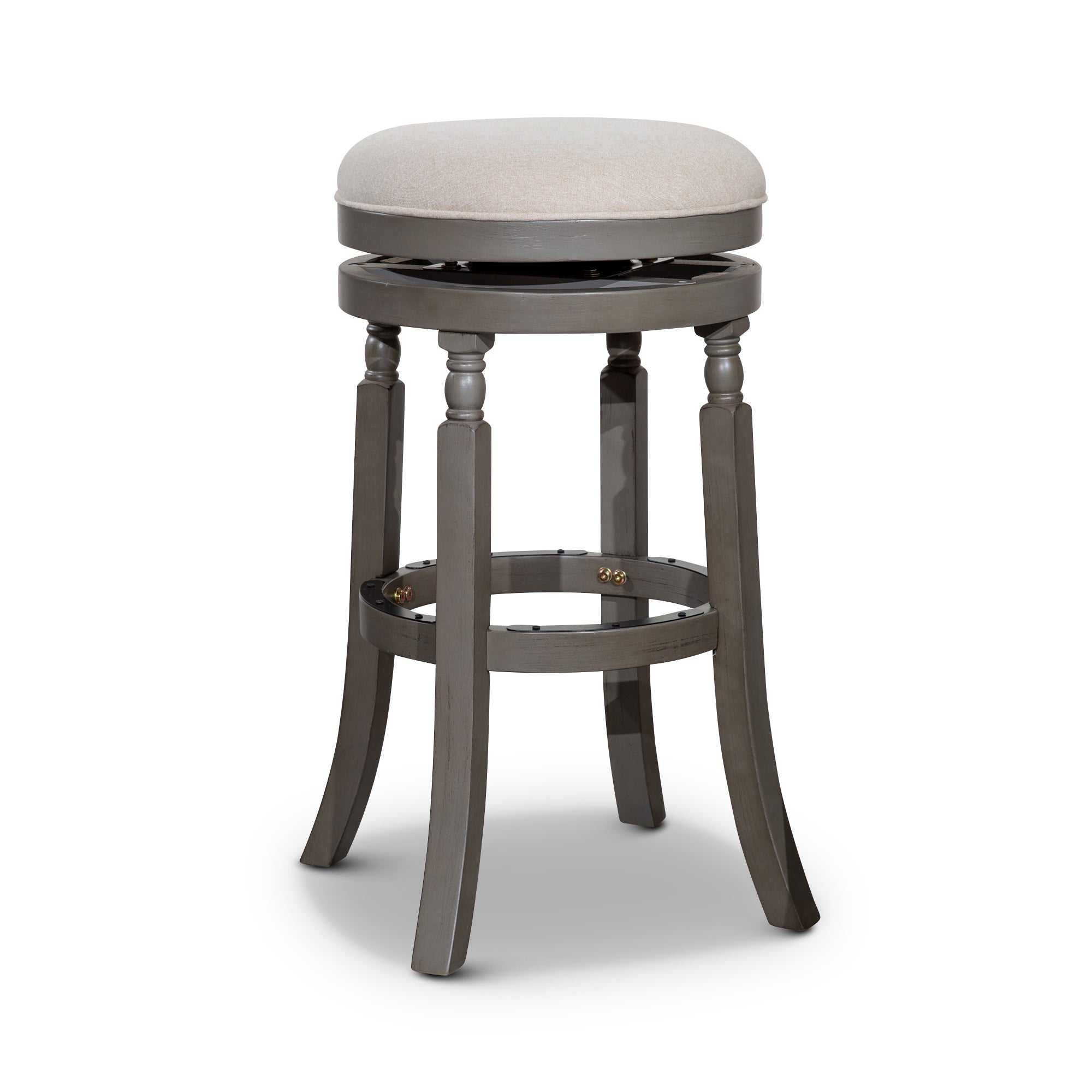 30" Bar Stool, Weathered Gray Finish, Beige Fabric Seat Gray Fabric