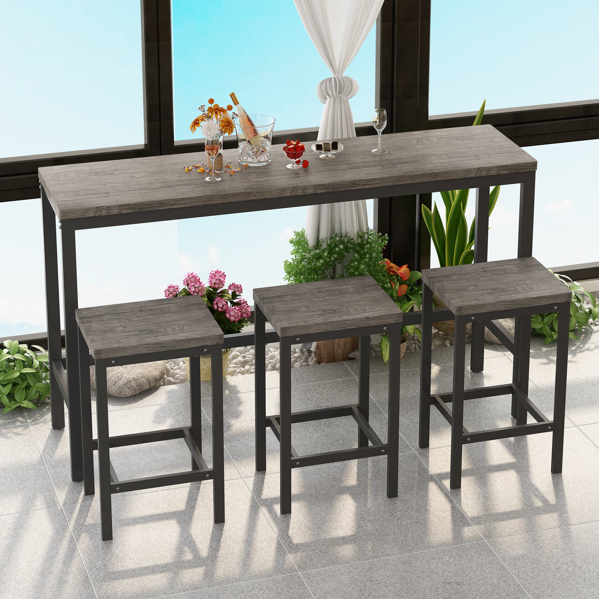 Modern Design Kitchen Dining Table, Pub Table, Long Dining Table Set With 3 Stools, Easy Assembly, Brown Gray Same Sku:W75753849 Brown Gray Mdf