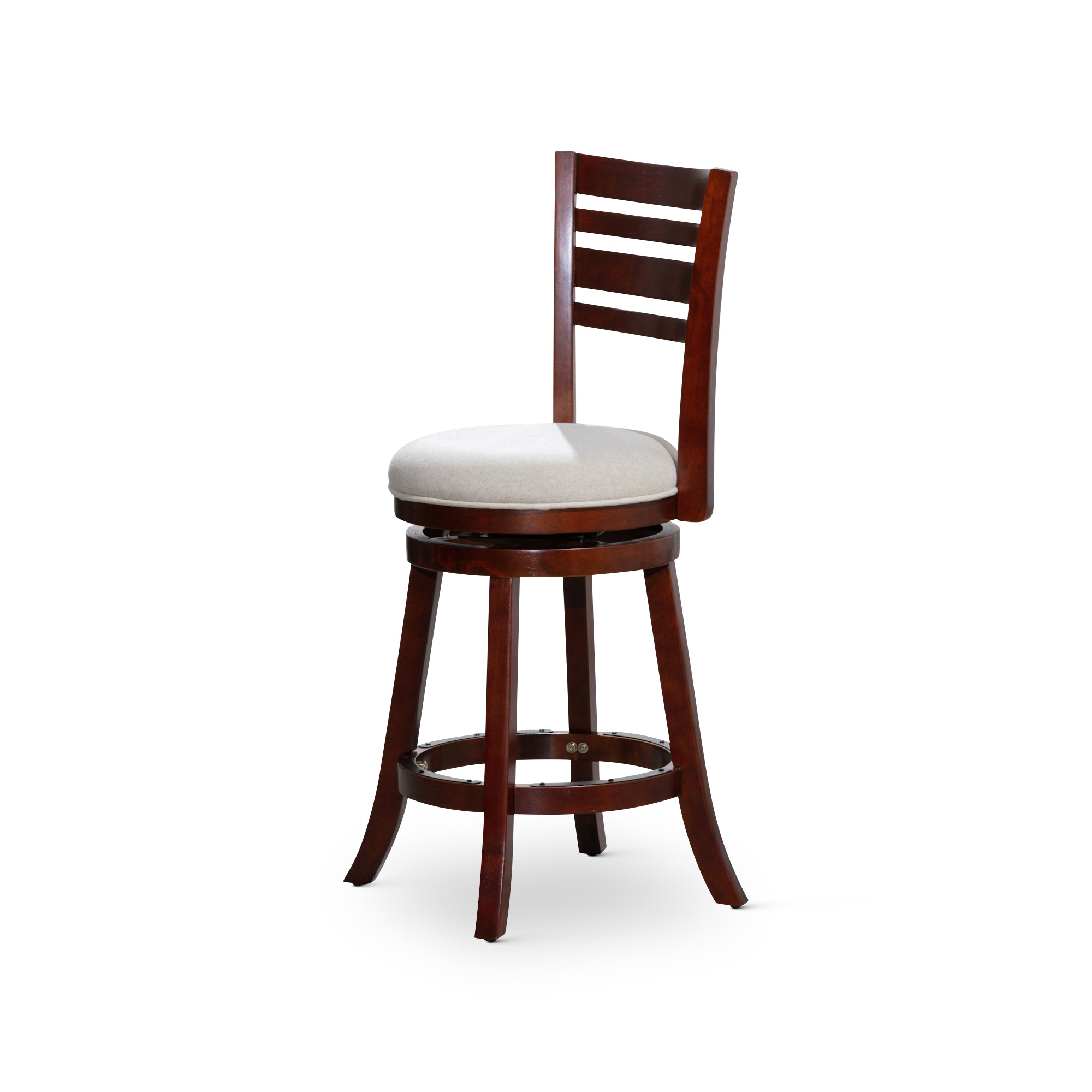 24" Counter Height Slat Back Swivel Stool, Cherry Finish, Beige Fabric Seat Cherry Fabric