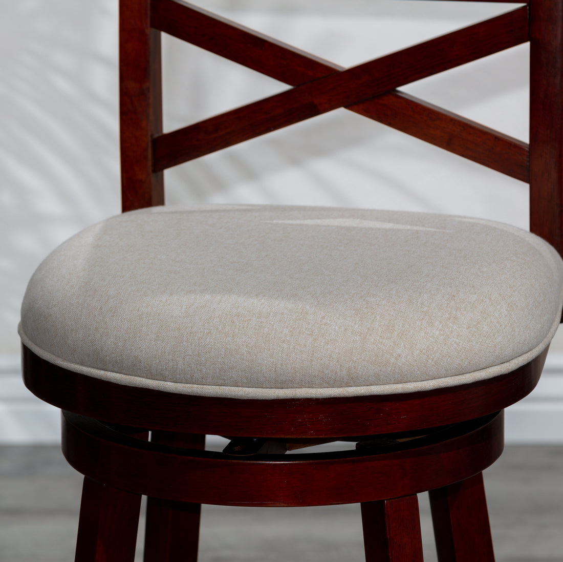 30" Bar Height X Back Swivel Stool, Cherry Finish, Beige Fabric Seat Cherry Fabric