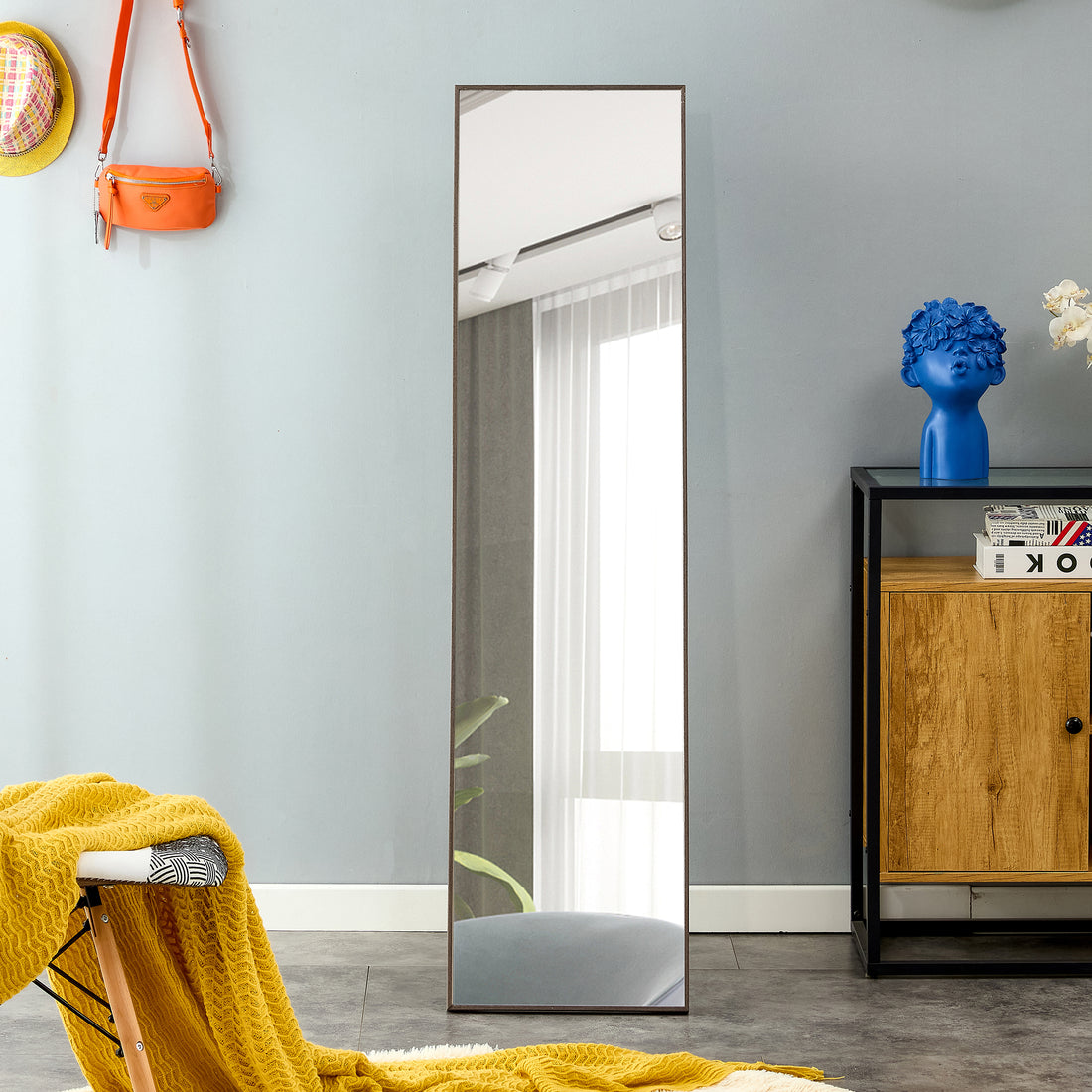 3Rd Generation Gray Solid Wood Frame Full Length Mirror, Dressing Mirror, Bedroom Porch, Decorative Mirror, Clothing Store, Floor Mounted Large Mirror, Wall Mounted. 58 "* 15" Gray Glass