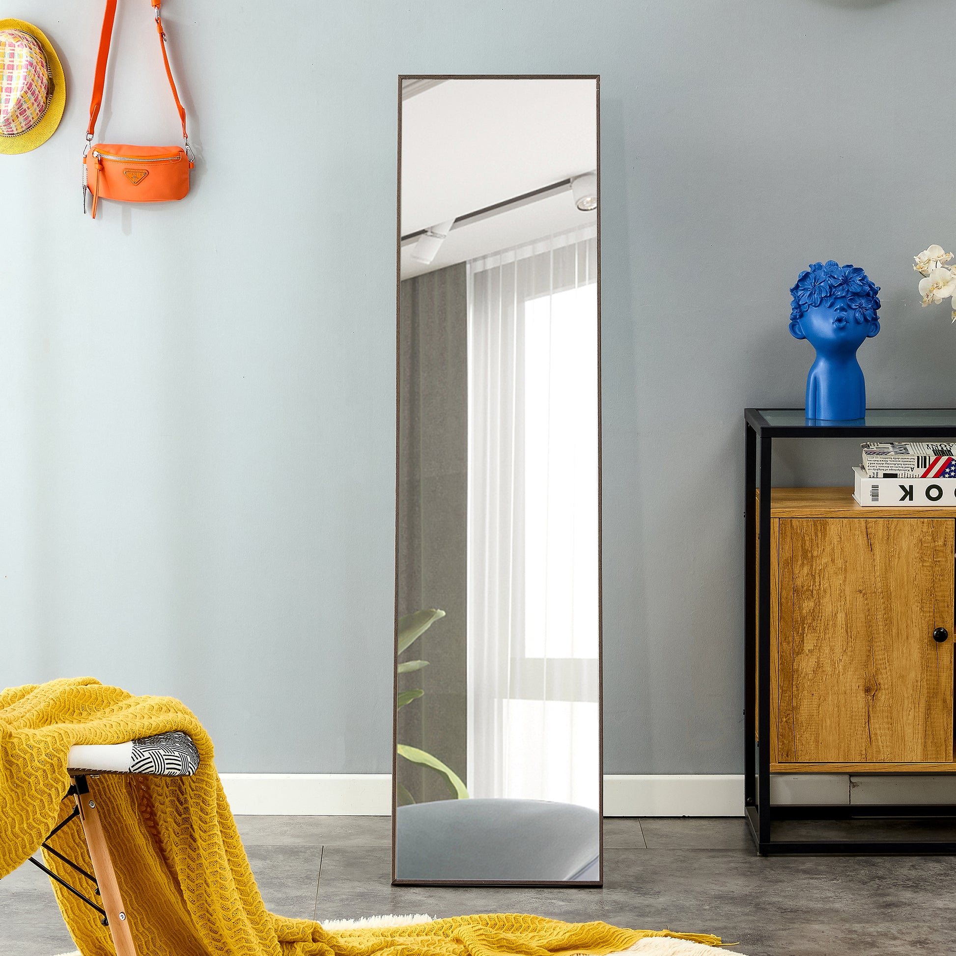 3Rd Generation Gray Solid Wood Frame Full Length Mirror, Dressing Mirror, Bedroom Porch, Decorative Mirror, Clothing Store, Floor Mounted Large Mirror, Wall Mounted. 58 "* 15" Gray Glass