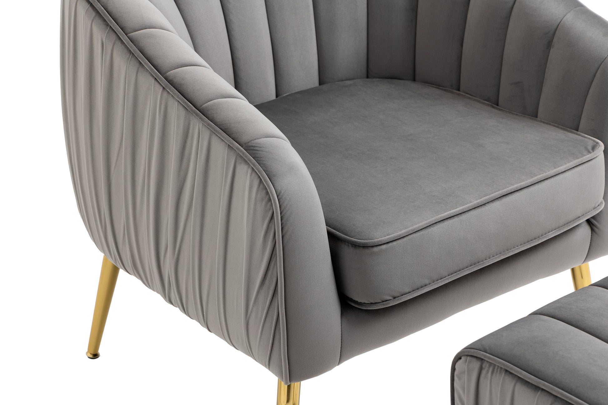 Velvet Accent Chair With Ottoman, Modern Tufted Barrel Chair Ottoman Set For Living Room Bedroom, Golden Finished, Grey Grey Foam Velvet