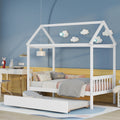 Solid Wood Twin House Bed Frame With Twin Size Trundle For White Color, No Box Spring Needed White Pine