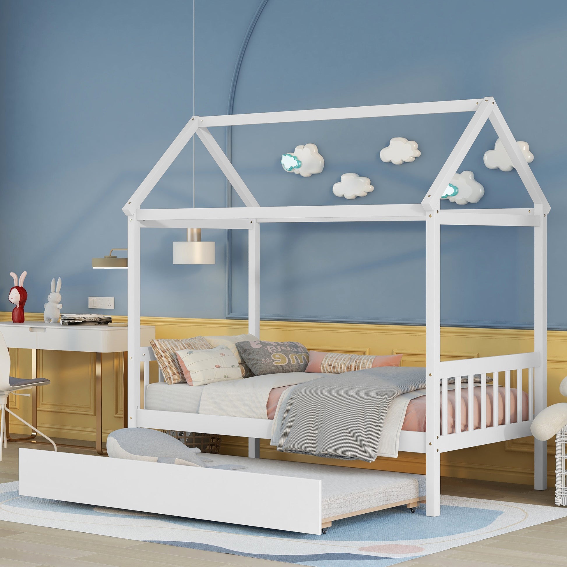 Solid Wood Twin House Bed Frame With Twin Size Trundle For White Color, No Box Spring Needed White Pine