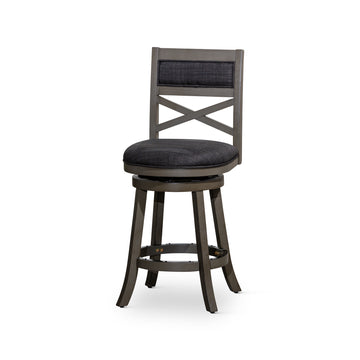 24" Counter Height X Back Swivel Stool, Weathered Gray Finish, Charcoal Fabric Seat Gray Fabric