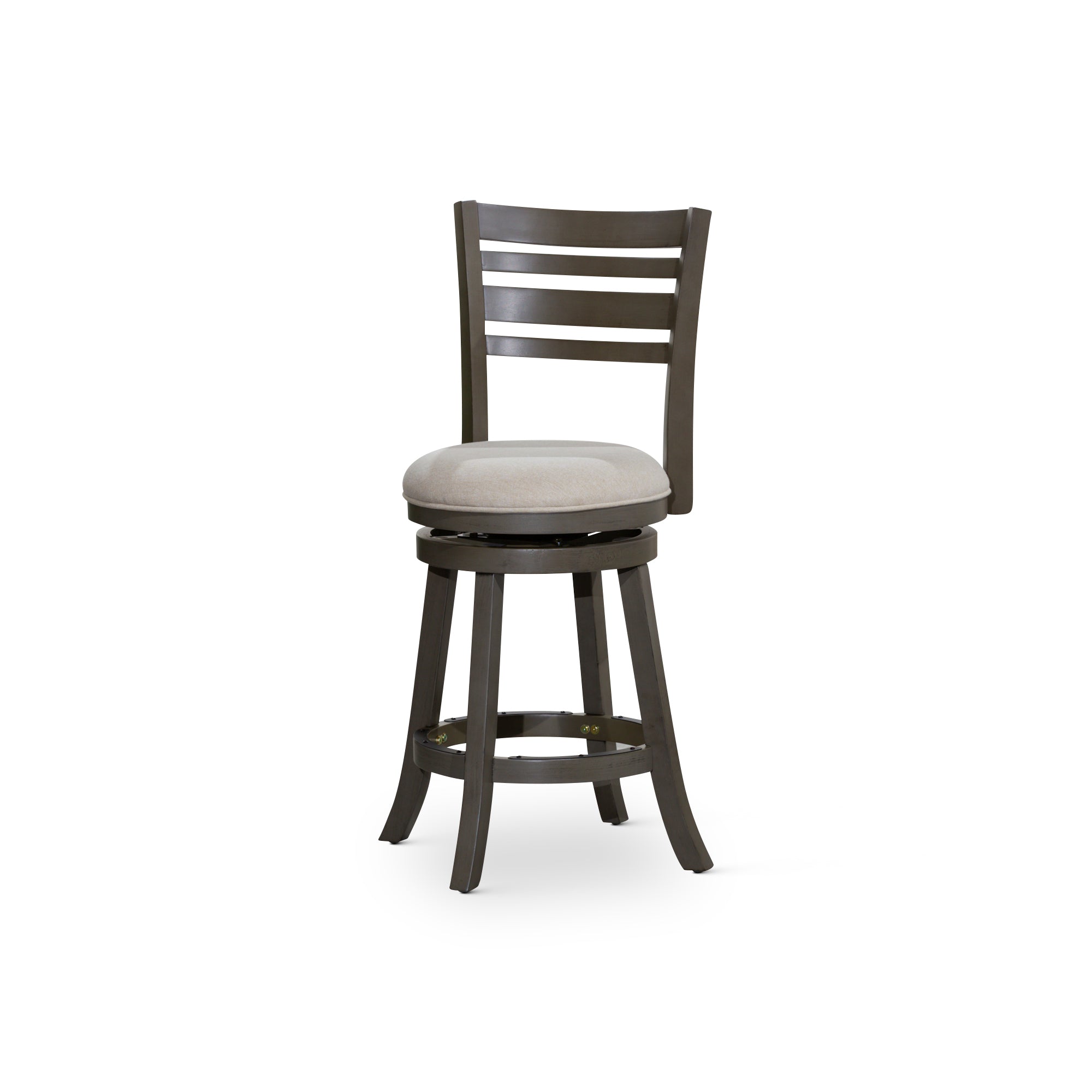 24" Counter Height Slat Back Swivel Stool, Weathered Gray Finish, Beige Fabric Seat Gray Fabric