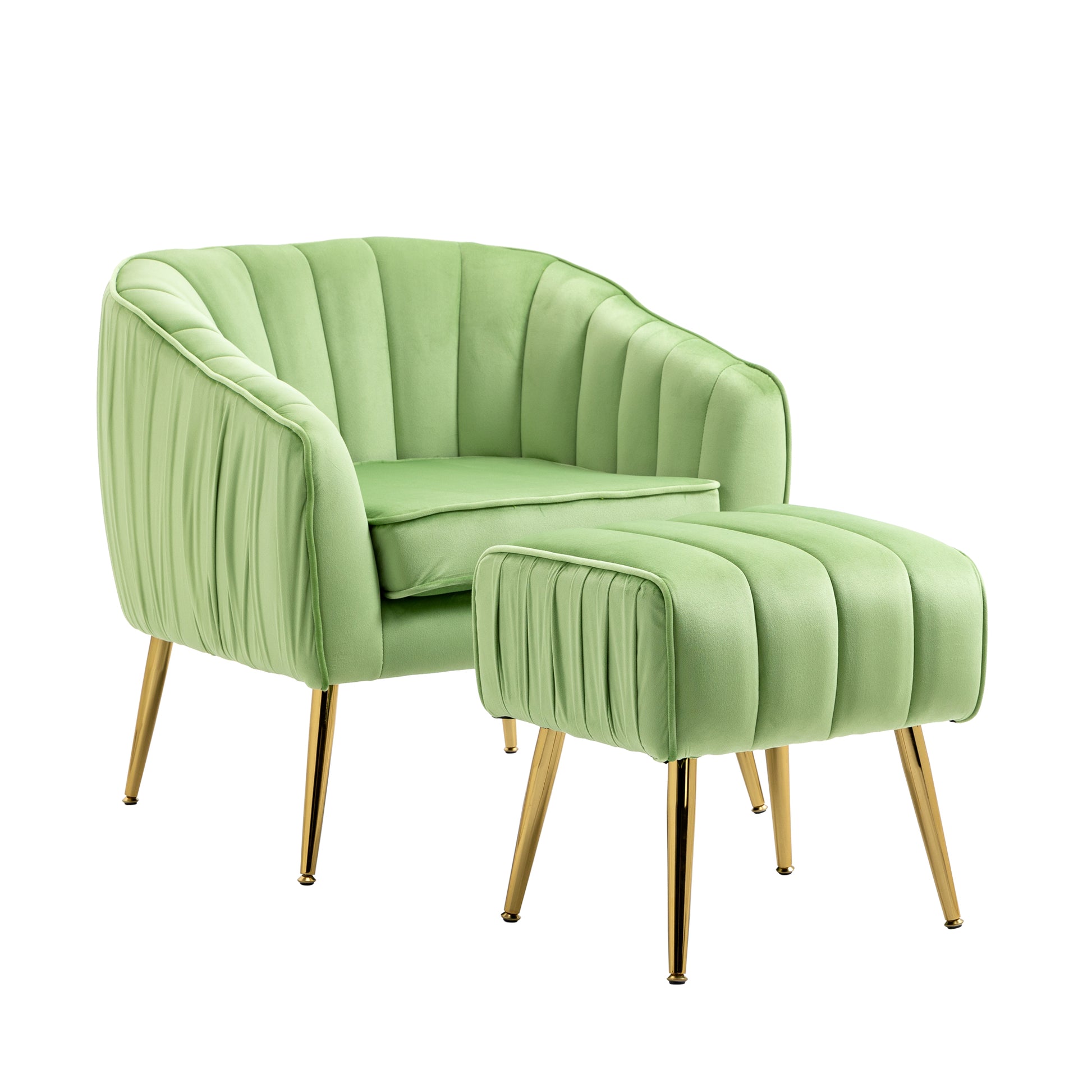 Velvet Accent Chair With Ottoman, Modern Tufted Barrel Chair Ottoman Set For Living Room Bedroom, Golden Finished, Grass Green Grass Green Foam Velvet