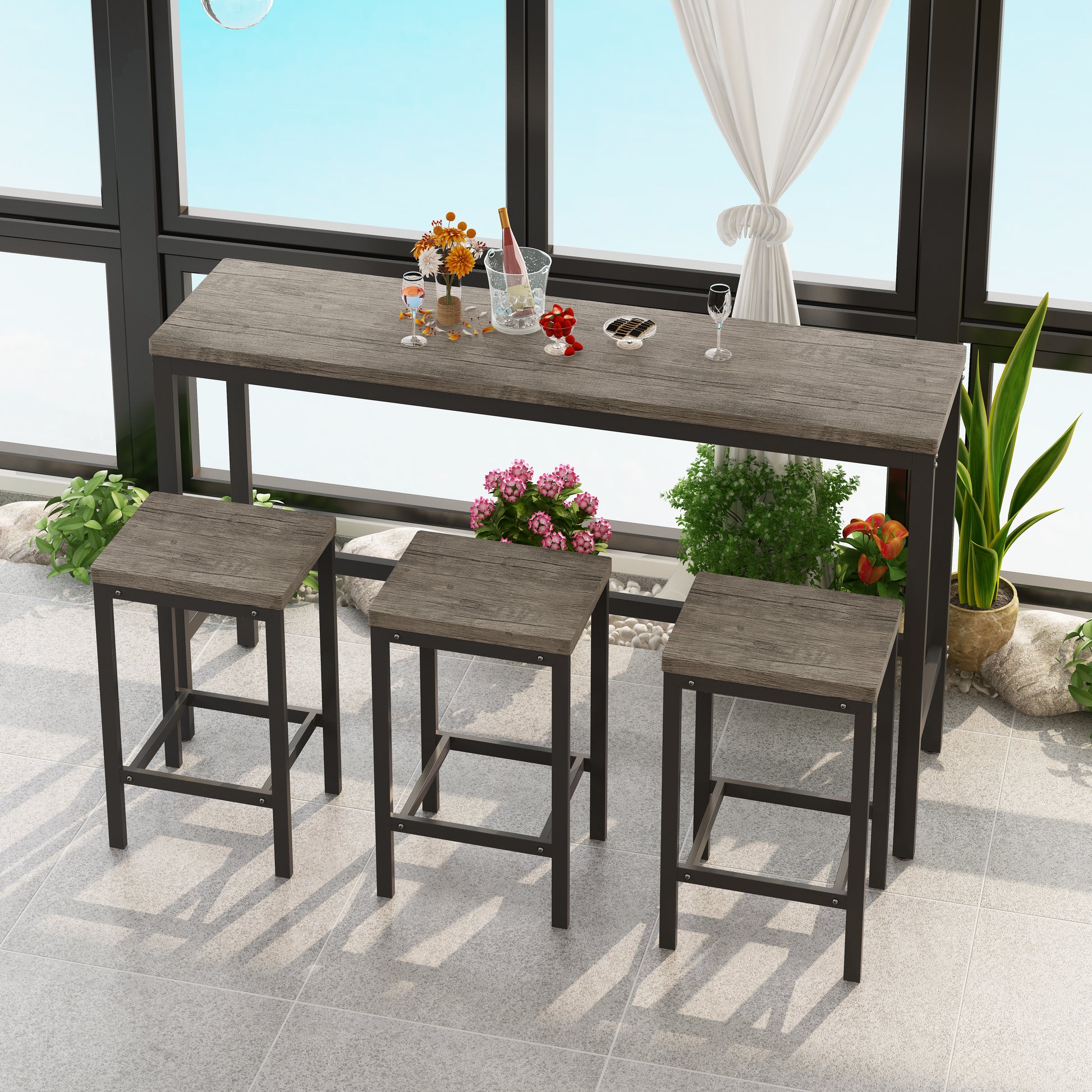 Modern Design Kitchen Dining Table, Pub Table, Long Dining Table Set With 3 Stools, Easy Assembly, Brown Gray Same Sku:W75753849 Brown Gray Mdf