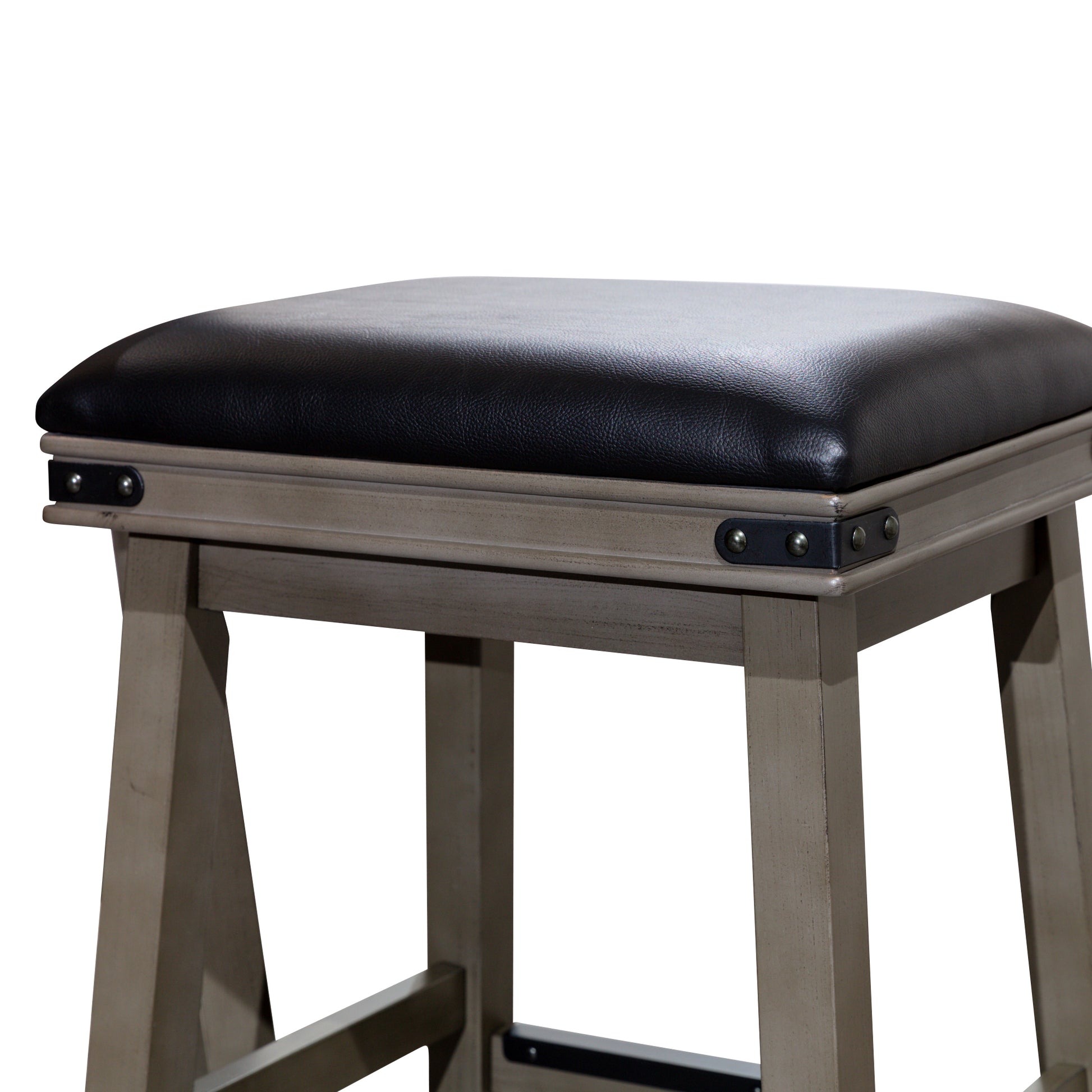 24" Counter Stool, Weathered Gray Finish, Black Leather Seat Gray Bonded Leather