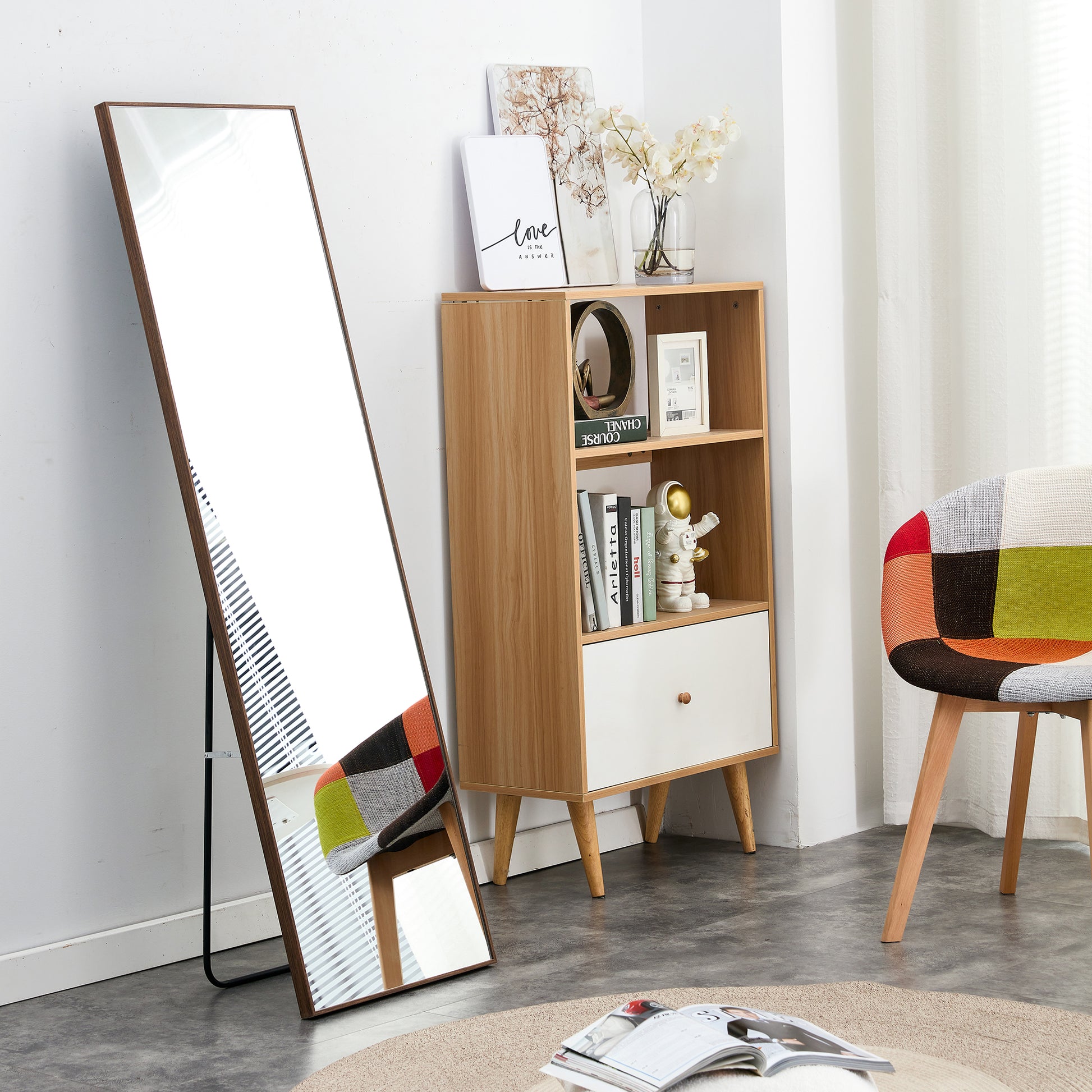 Brown Solid Wood Frame Full Length Mirror, Dressing Mirror, Bedroom Home Porch, Decorative Mirror, Clothing Store, Floor Mounted Large Mirror, Wall Mounted.60"*17" Brown Glass