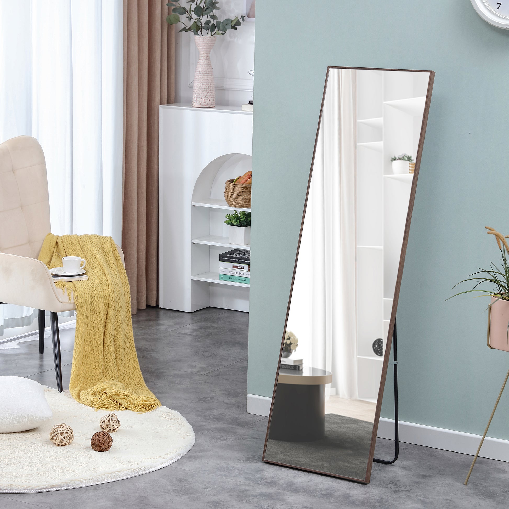 Brown Solid Wood Frame Full Length Mirror, Dressing Mirror, Bedroom Home Porch, Decorative Mirror, Clothing Store, Floor Mounted Large Mirror, Wall Mounted.60"*17" Brown Glass