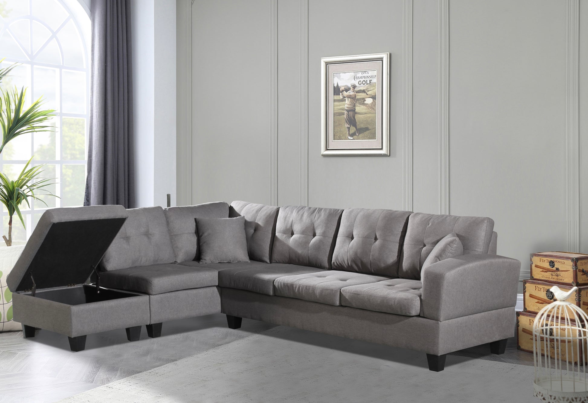 Fabric Left Chaise Living Room Sofa Set With Storage Ottoman Brown Wood Primary Living Space Medium Duty Eucalyptus 6 Seat Grey Polyester Medium Soft Pillow Back American Design,American Traditional Square Arms Foam Fabric