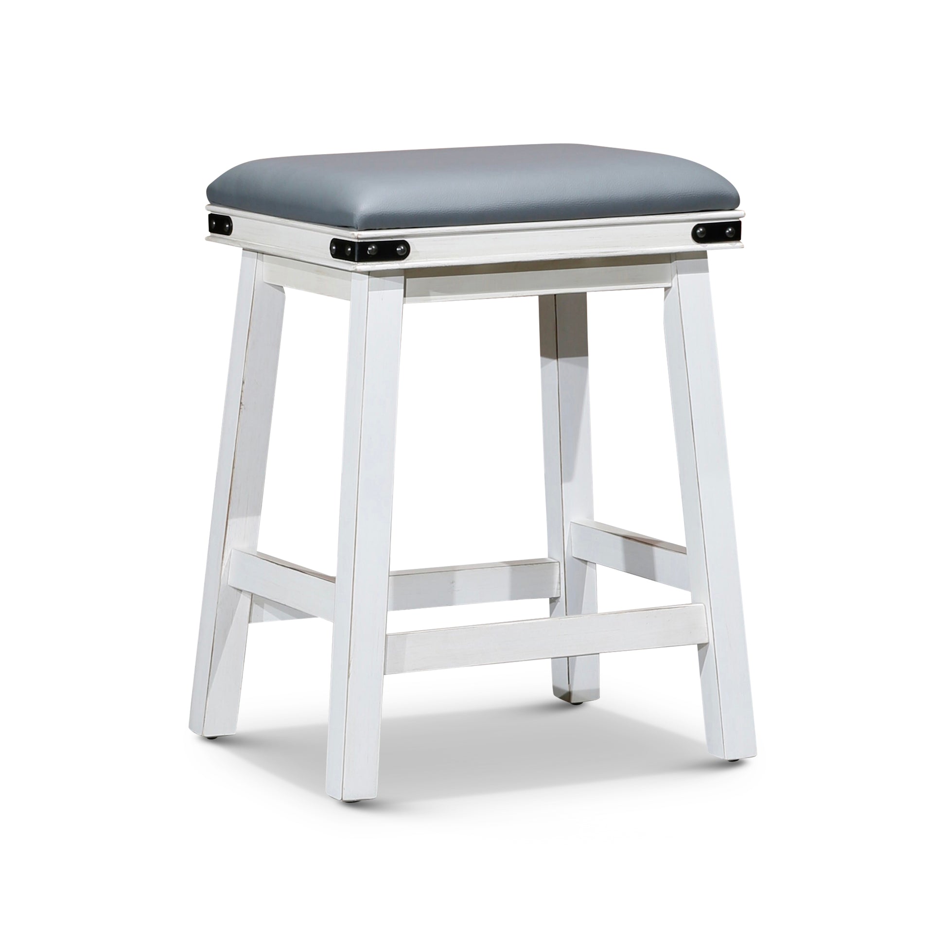 24" Counter Stool, Antique White, Gray Leather Seat Antique White Bonded Leather