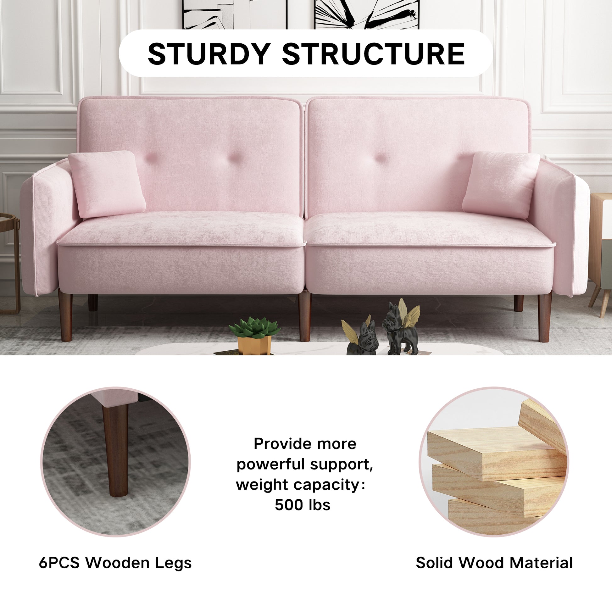 Convertible Sofa Bed With Wood Legs In Velvet Pink Pink Foam Velvet