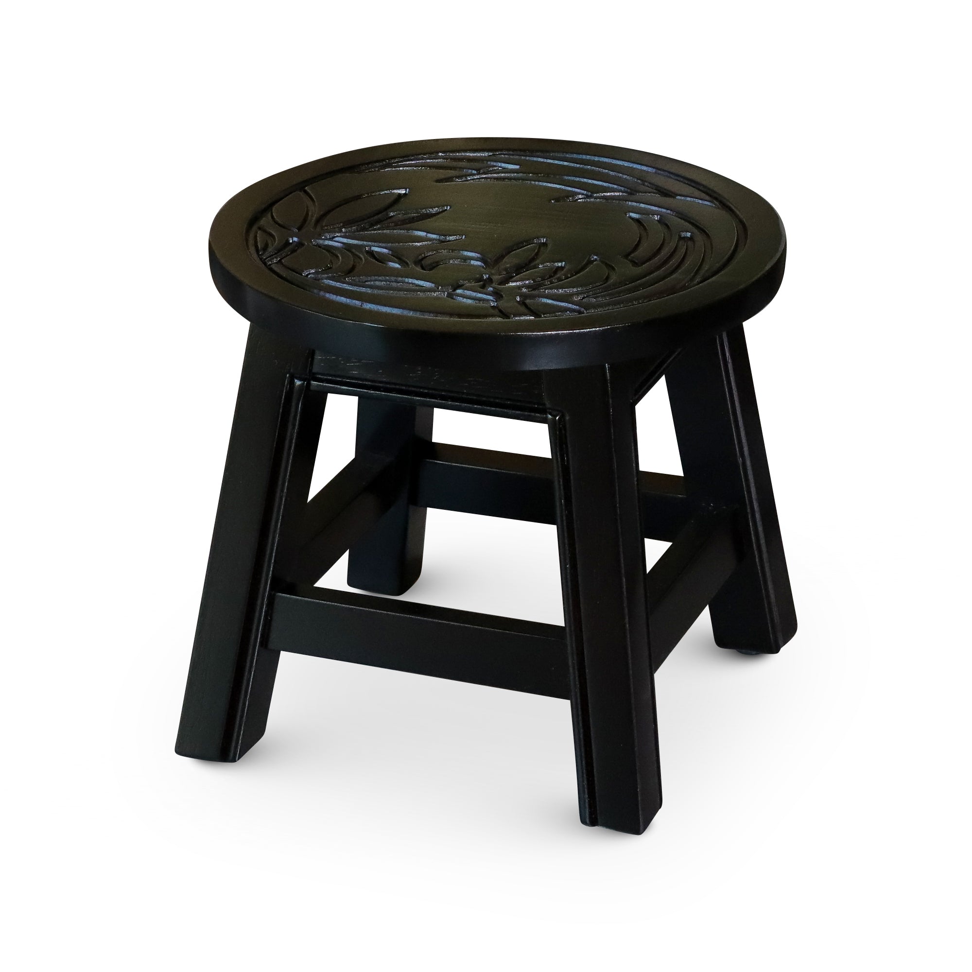 Carved Wooden Step Stool, Floral, Espresso Espresso Rubber Wood