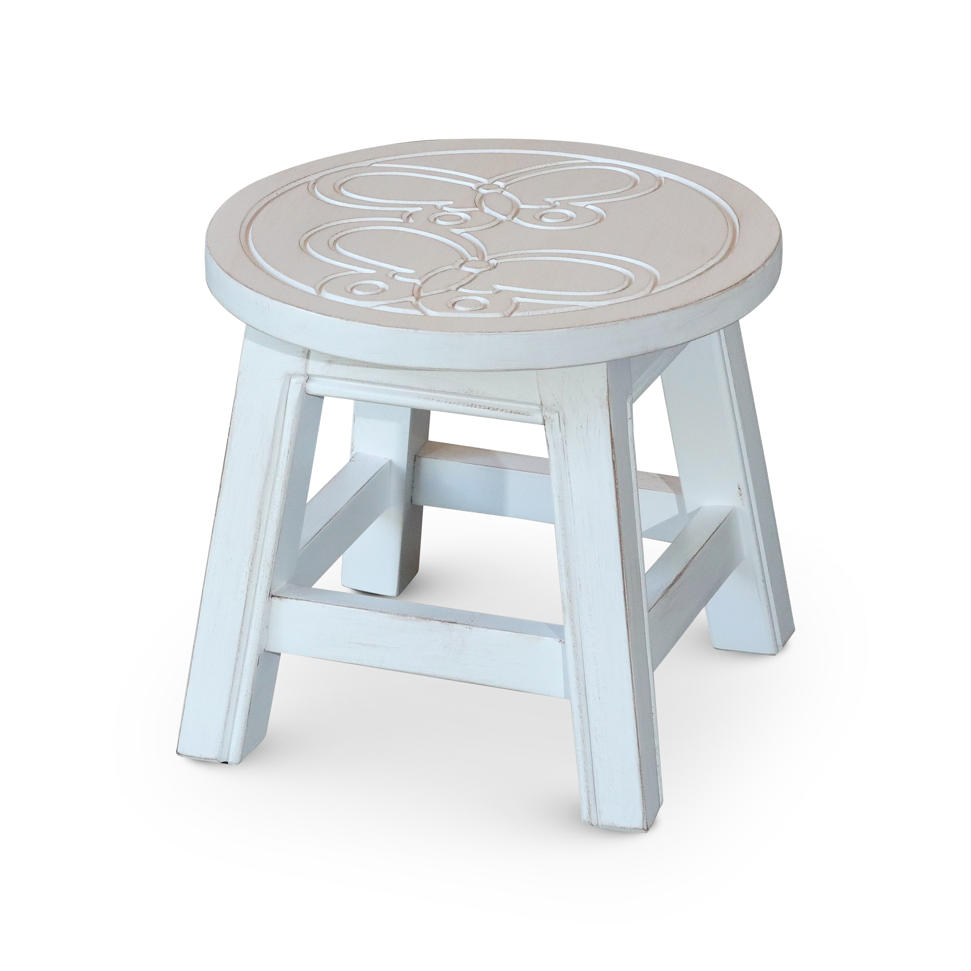 Carved Wooden Step Stool, Butterflies, Antique White Antique White Rubber Wood